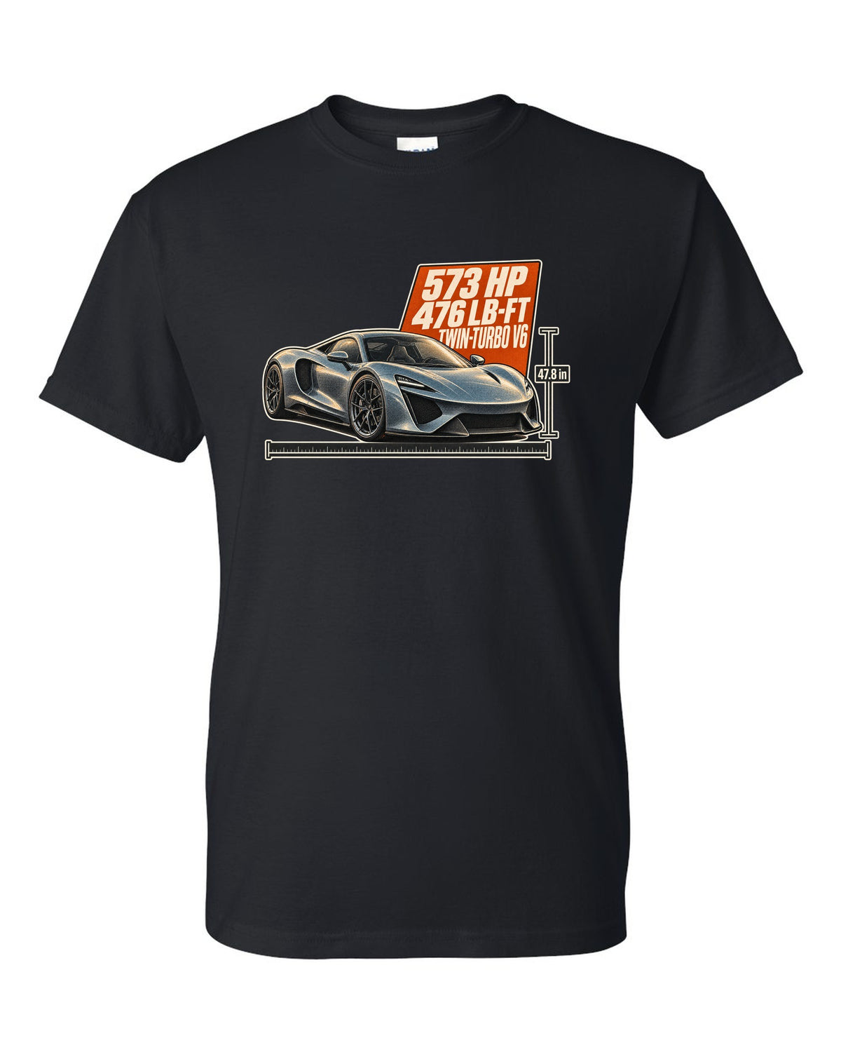 Halftone print of a 2020 Acura NSX NC1 front three-quarter black t-shirt front view with the design