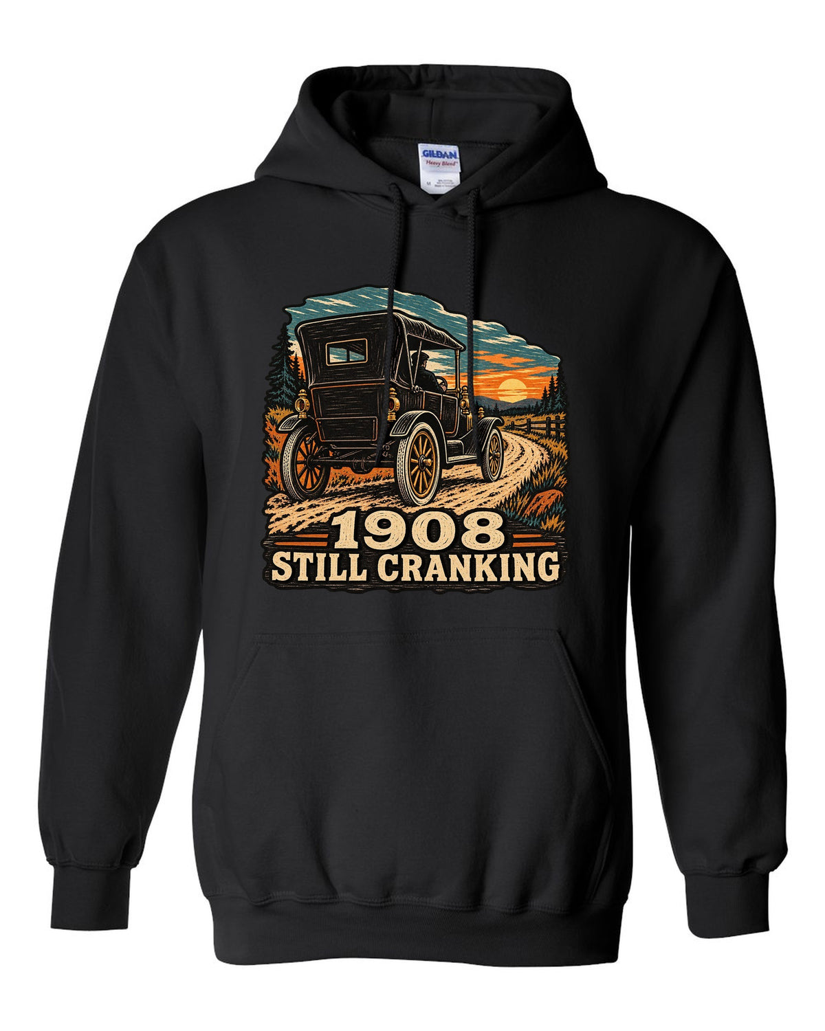 Multi-colour woodcut illustration of a Ford Model T Tin Lizzie with 1908 still cranking text black pull over hoodie front view with the design
