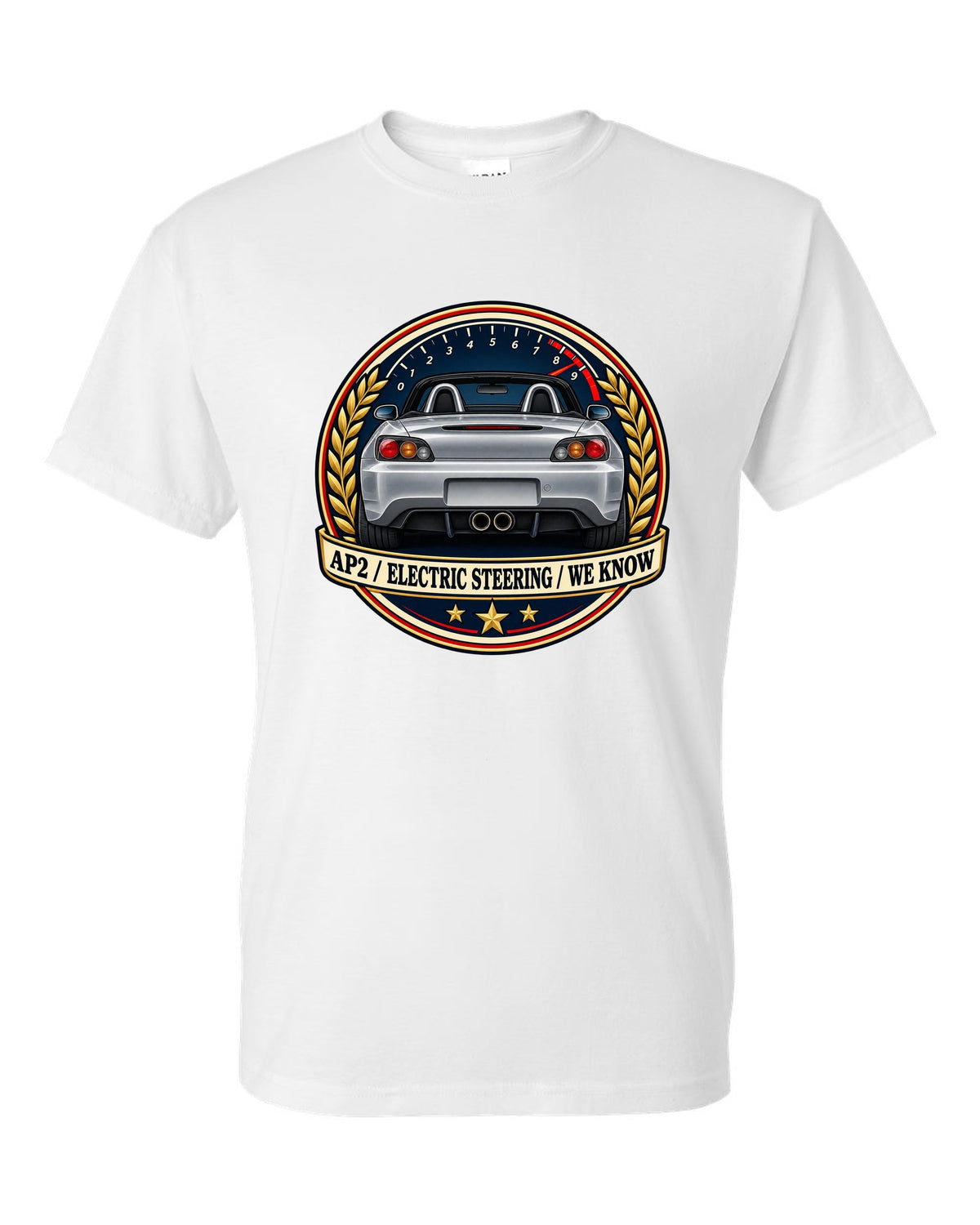 Crest layout print for the Honda S2000 AP2 with electric steering joke text white t-shirt front view with the design