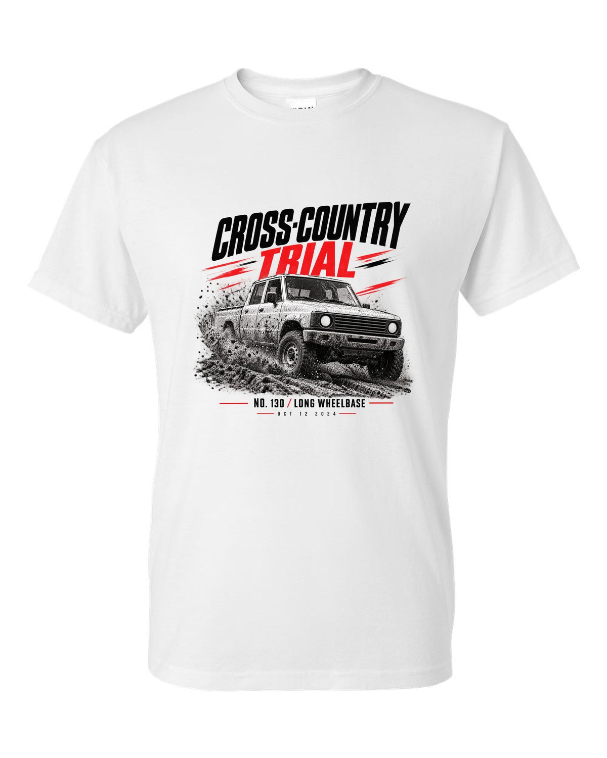 Land Rover Defender 130 cross-country trial race poster print white t-shirt front view with the design