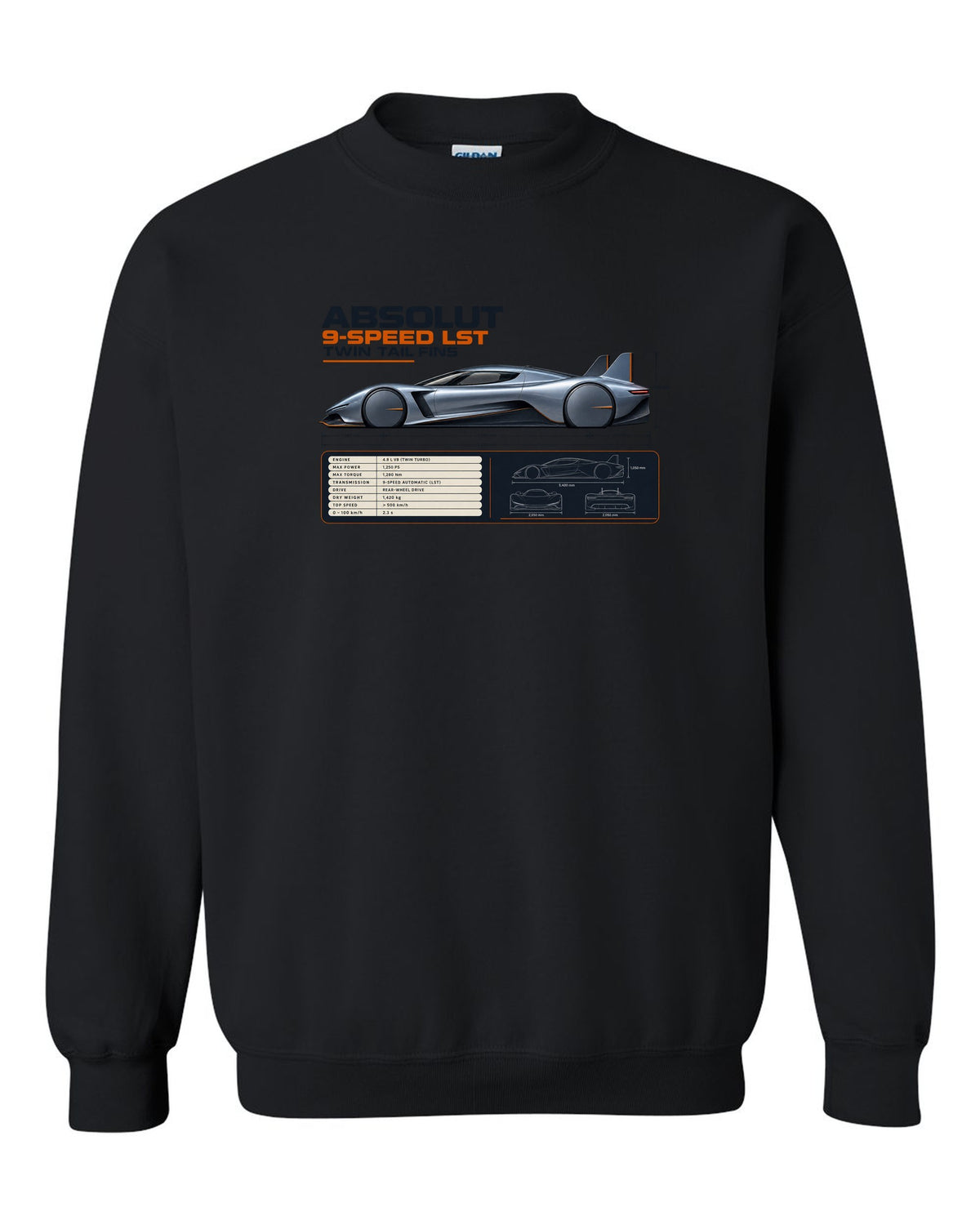 Koenigsegg Jesko Absolut Side Profile Spec Poster black crewneck front view with the design