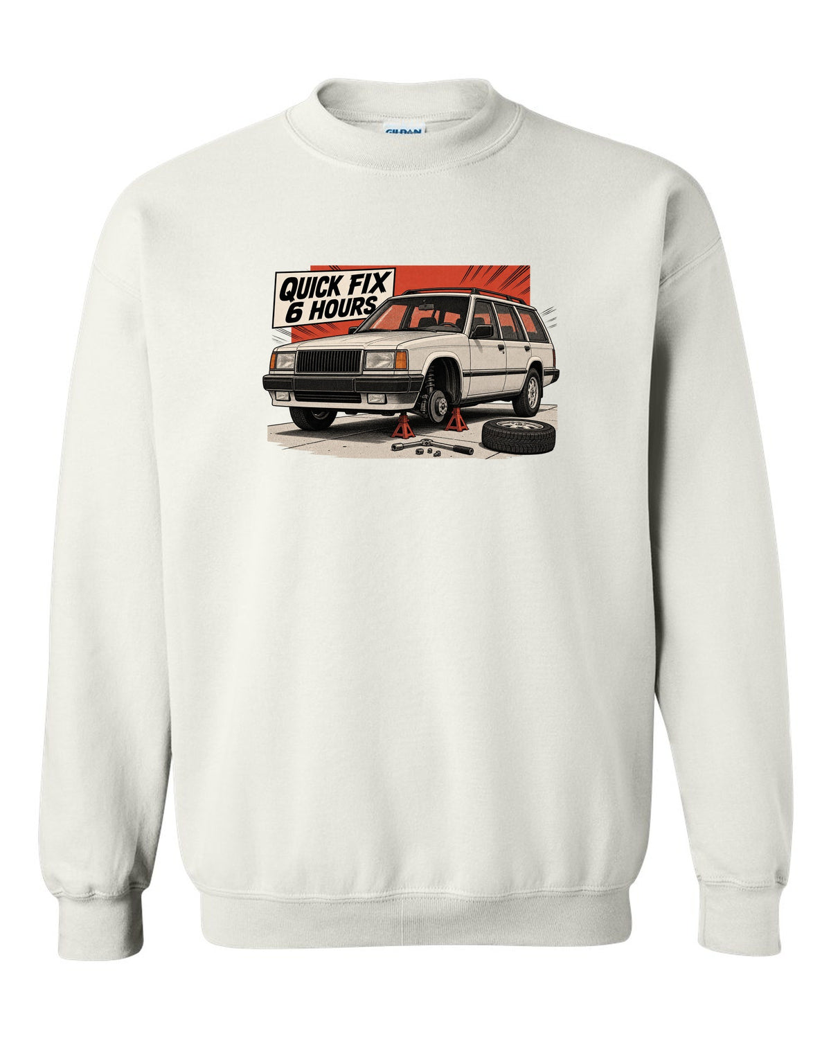 Retro manga halftone panel of a Jeep Cherokee XJ on jack stands with Quick Fix 6 Hours text white crewneck front view with the design