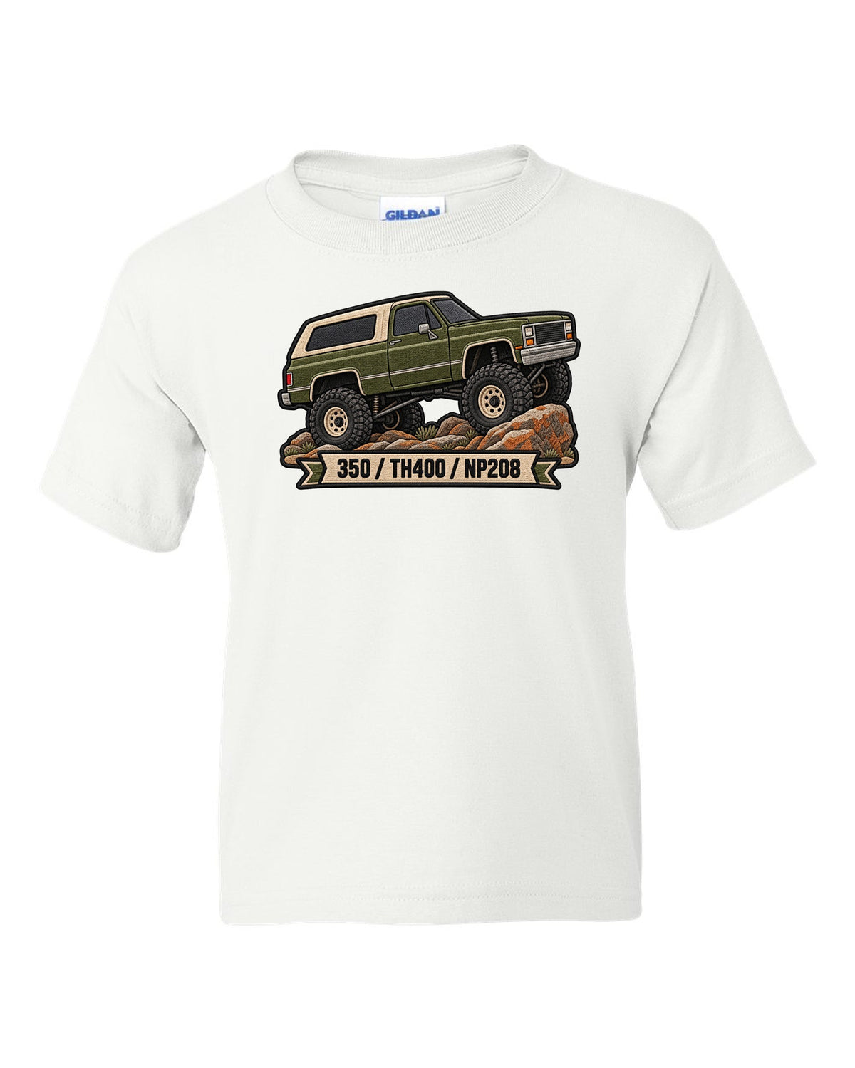 Embroidered patch style design of a 1973-91 Chevrolet K5 Blazer with 350, TH400, NP208 text white kids tee front view with the design