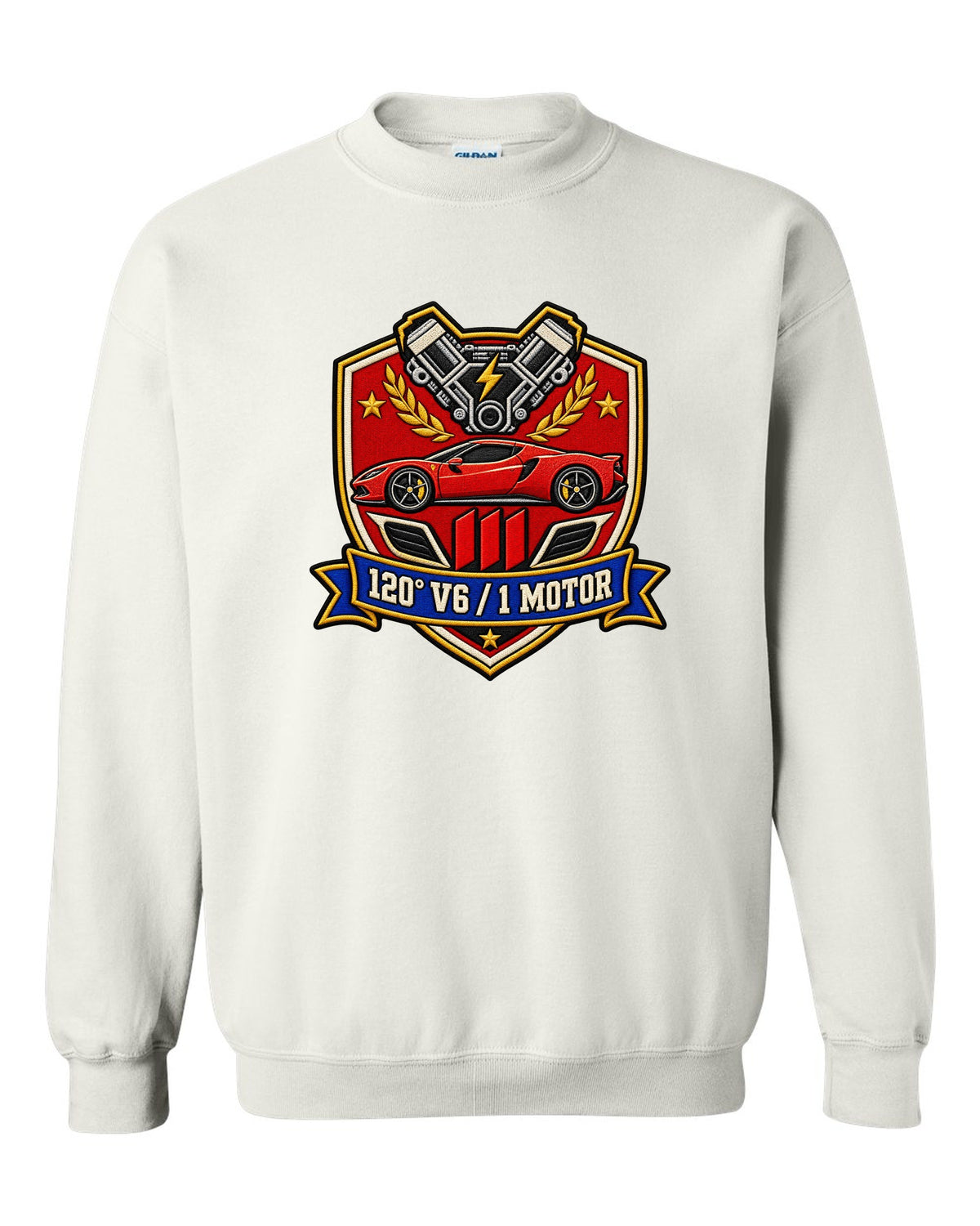 Shield crest print for the Ferrari 296 GTB with 120 degree V6 and 1 motor lettering white crewneck front view with the design
