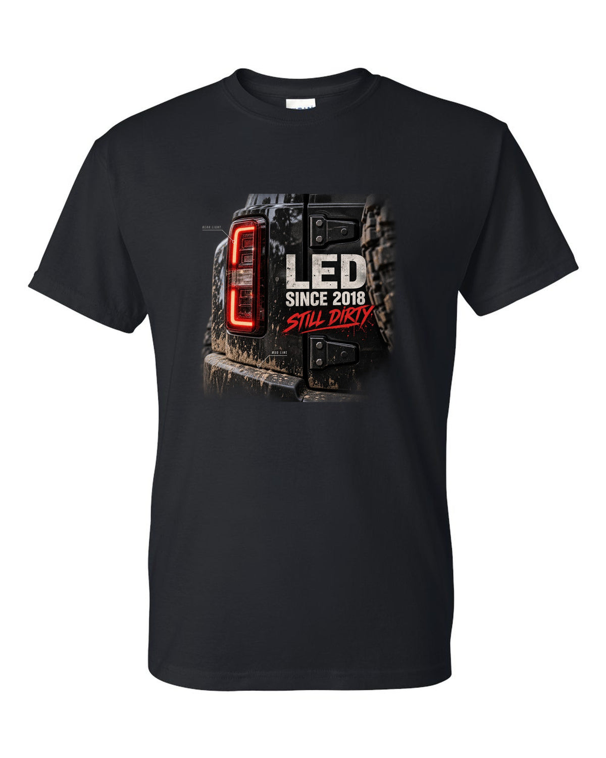Jeep Wrangler JL LED taillight macro with mud line print black t-shirt front view with the design