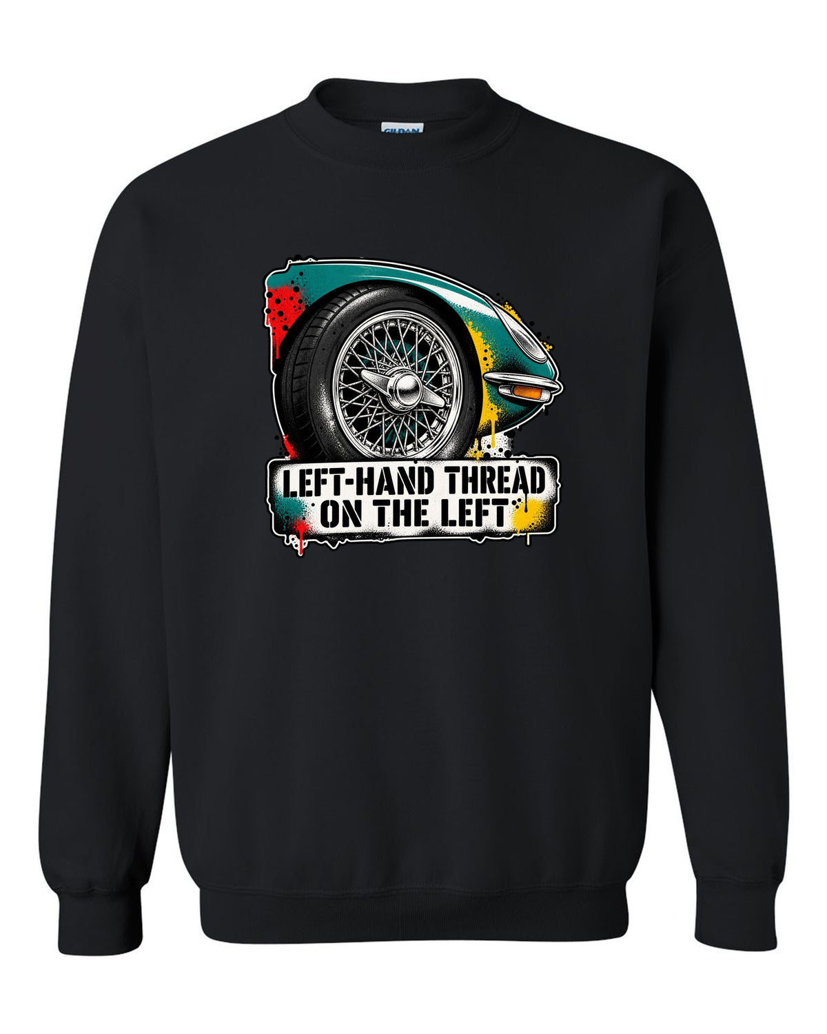 Jaguar E-Type Series 1 stencil spray with LEFT-HAND THREAD ON THE LEFT lettering black crewneck front view with the design