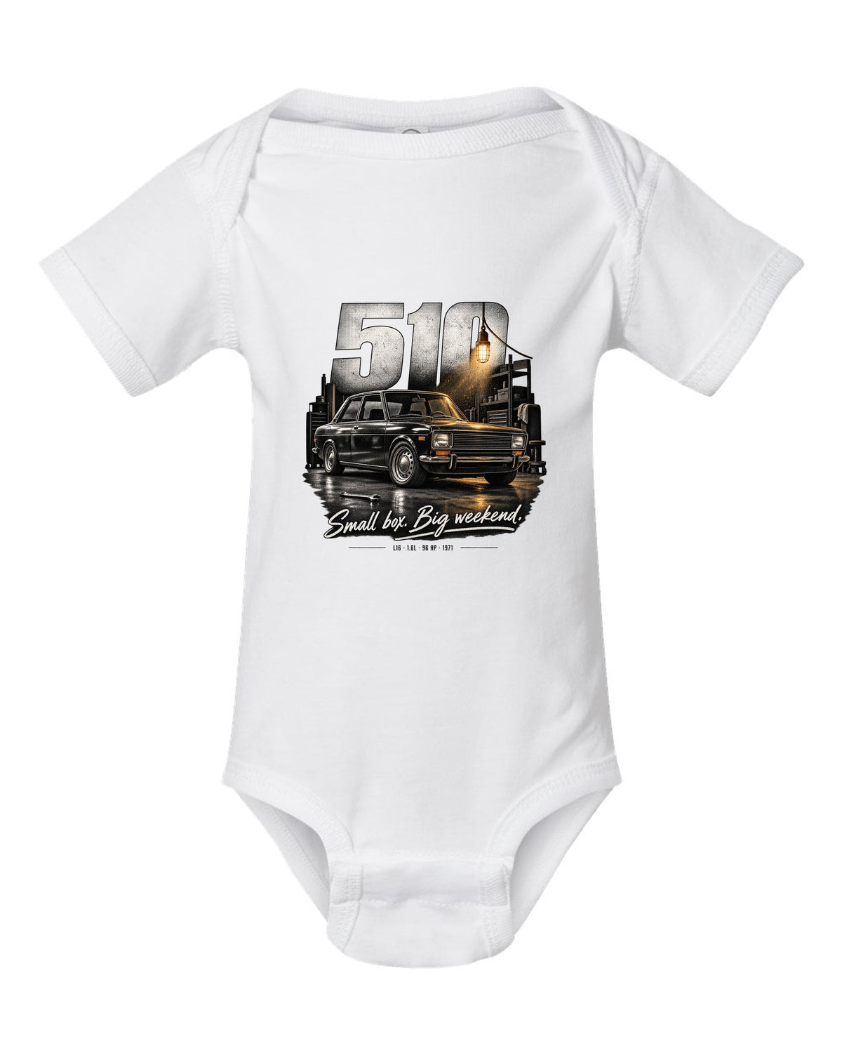 Garage night print of a Datsun 510 sedan with L16 1.6L 96 HP text white baby onesie front view with the design