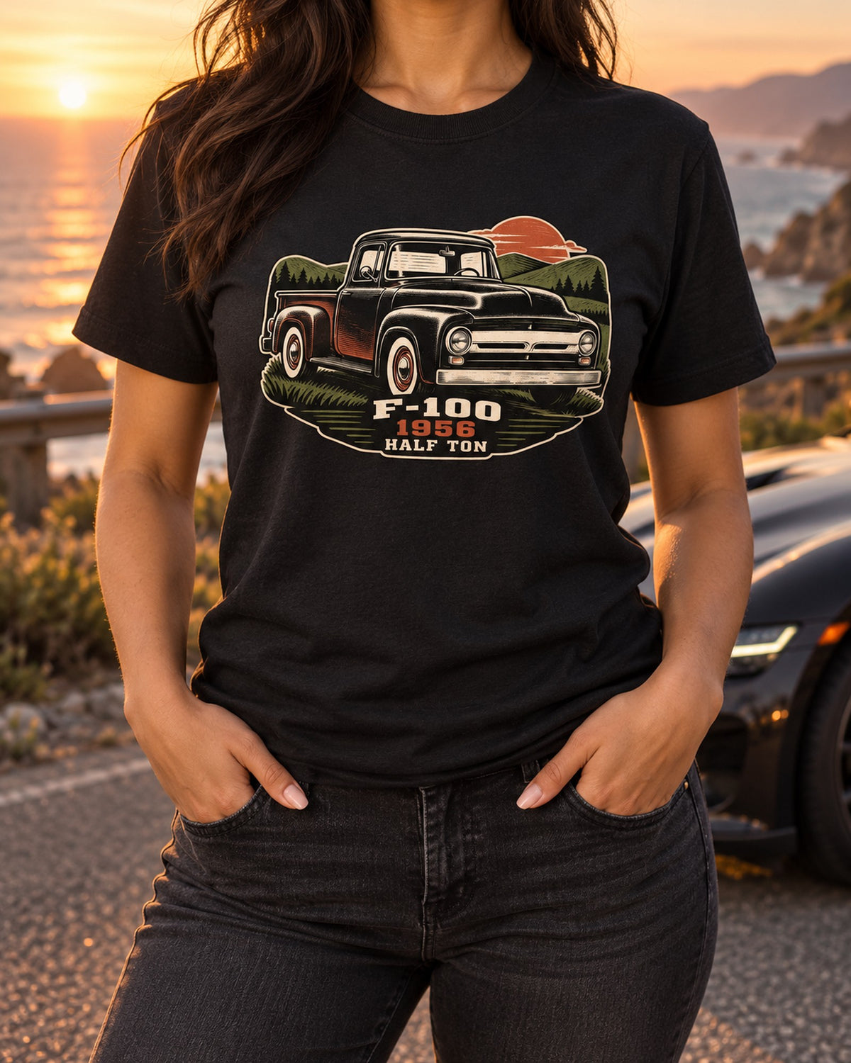 Ford F-100 1956 Half Ton Dusk Linocut Pickup Truck Shirt T-Shirt Black worn hero