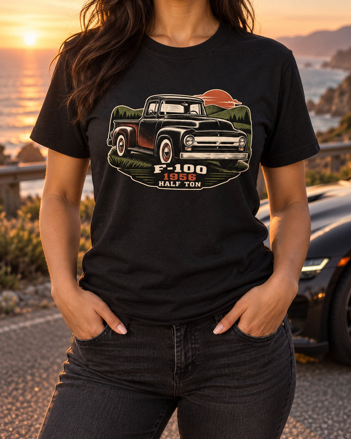 Ford F-100 1956 Half Ton Dusk Linocut Pickup Truck Shirt T-Shirt Black worn hero