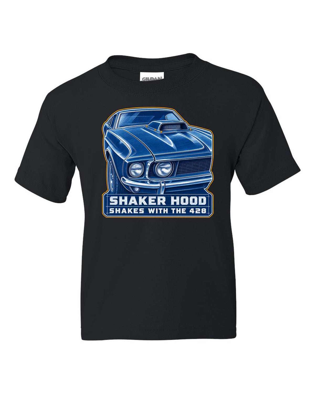 Cyanotype blueprint print of a 1969 Ford Mustang fastback shaker hood black kids tee front view with the design