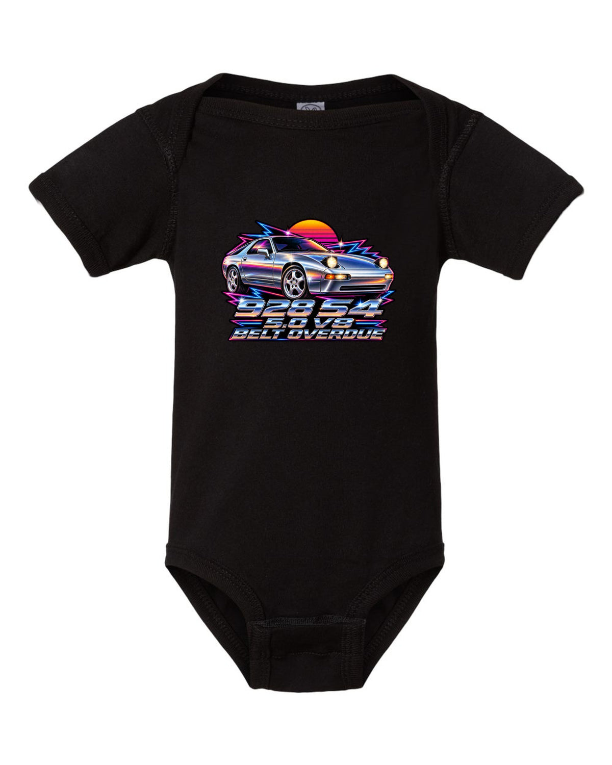 Porsche 928 S4 80s airbrush chrome design with pop-up headlights black baby onesie front view with the design