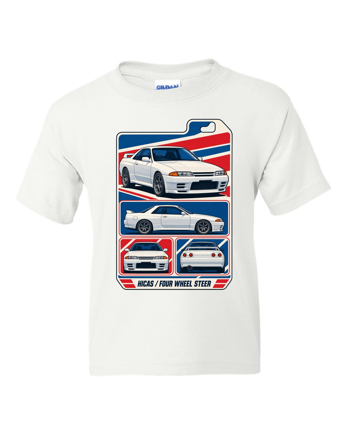 Varsity shield crest print for the Nissan Skyline GT-R R34 reading Allegedly 280 PS, Sure white kids tee front view with the design