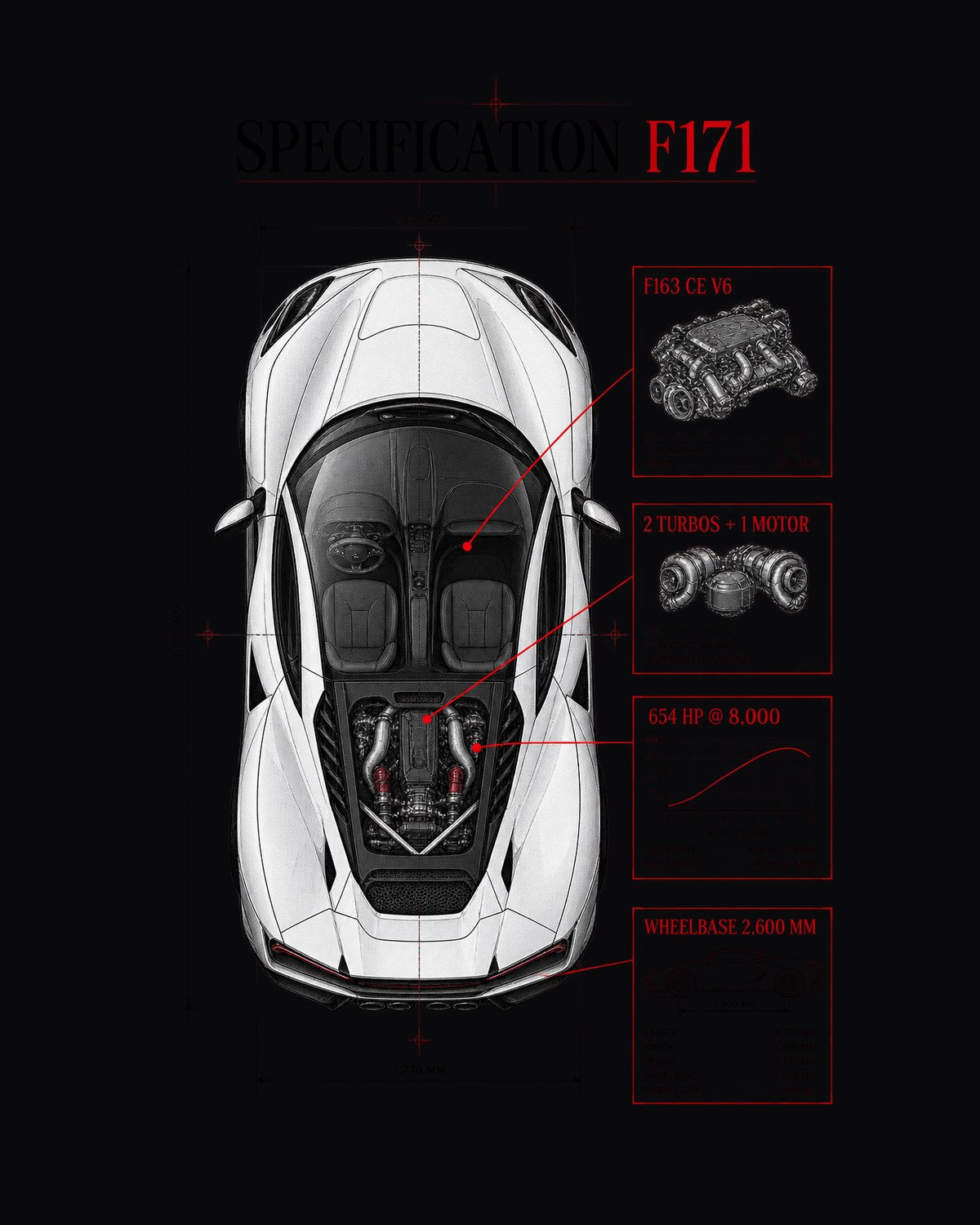 Ferrari 296 GTB F171 Top-Down Spec Poster Shirt design only