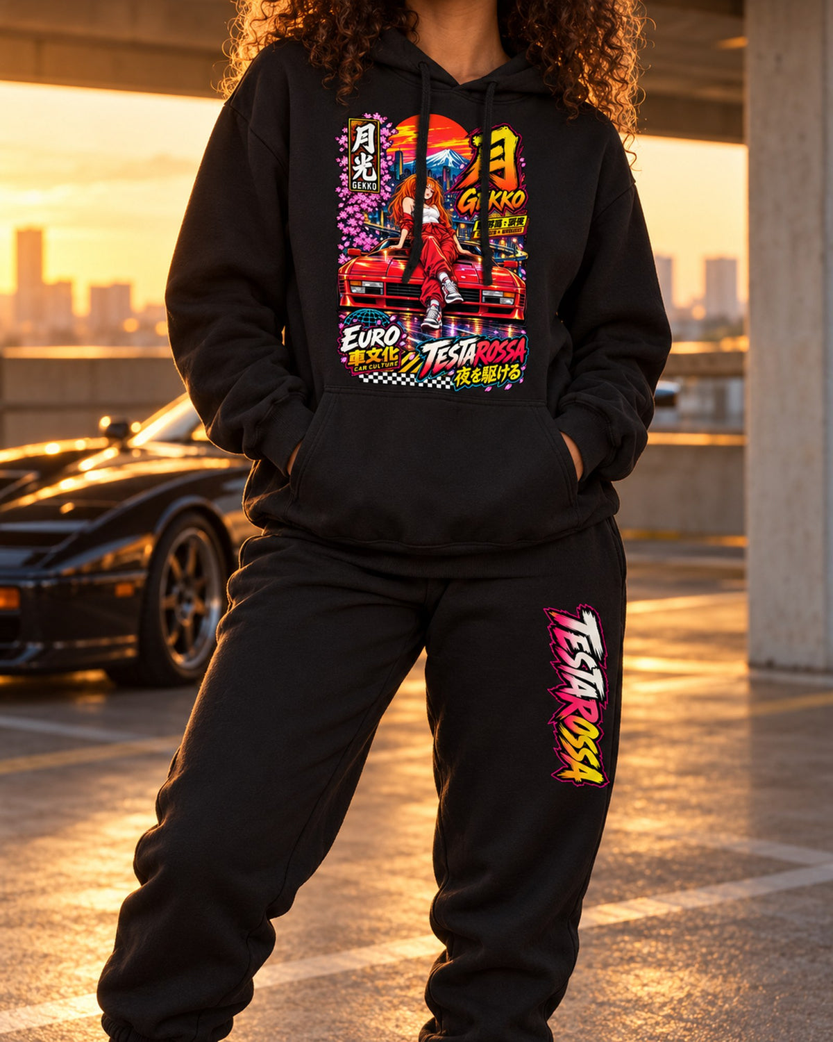Testarossa Gekko Anime Girl Poster Hoodie + Jogger Set Black worn hero