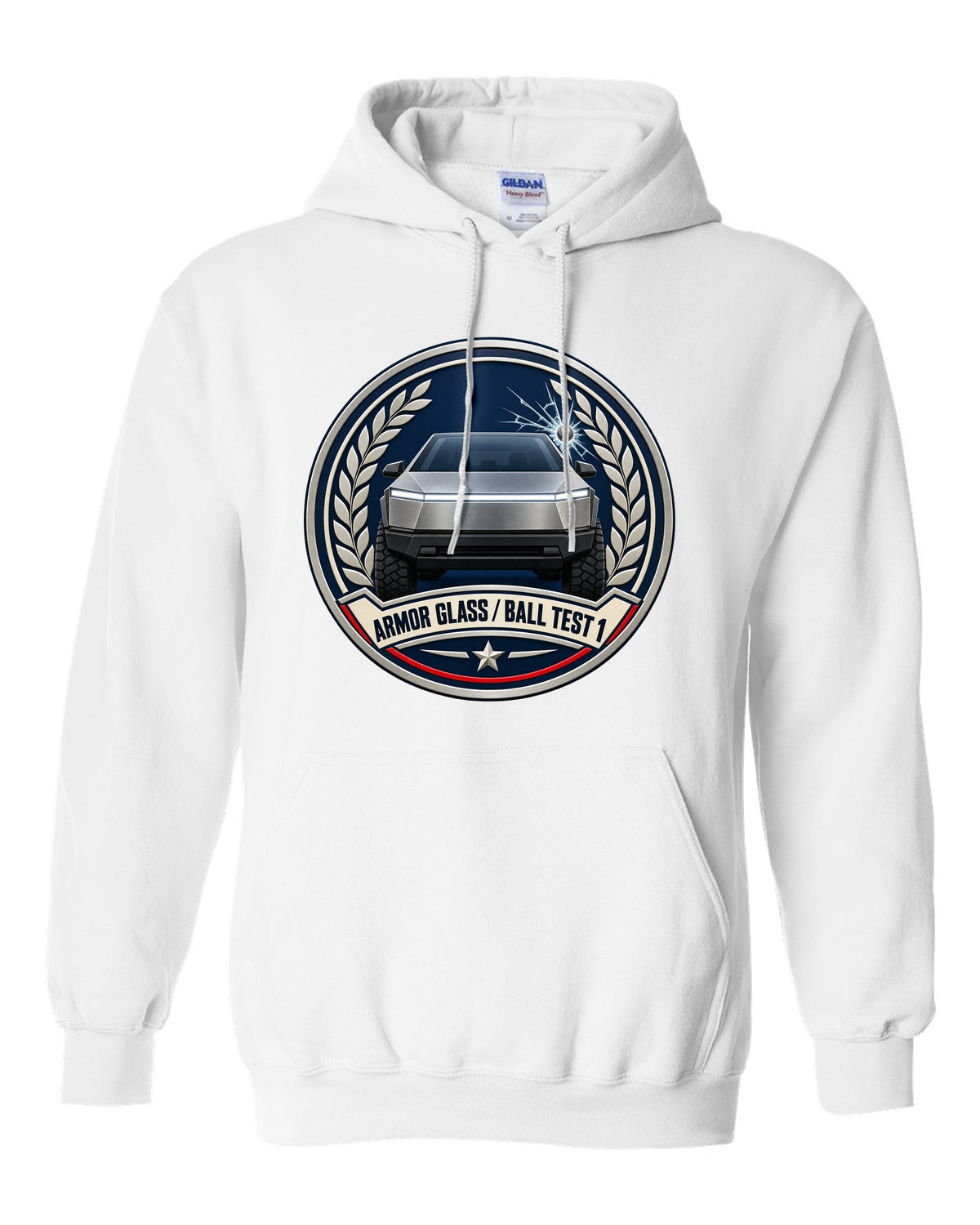 Round crest design of a 2023 Tesla Cybertruck with the words Armor Glass Ball Test 1 white pull over hoodie front view with the design