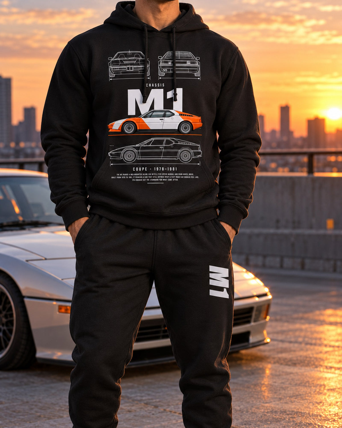 BMW M1 Blueprint Hoodie + Jogger Set Black worn hero