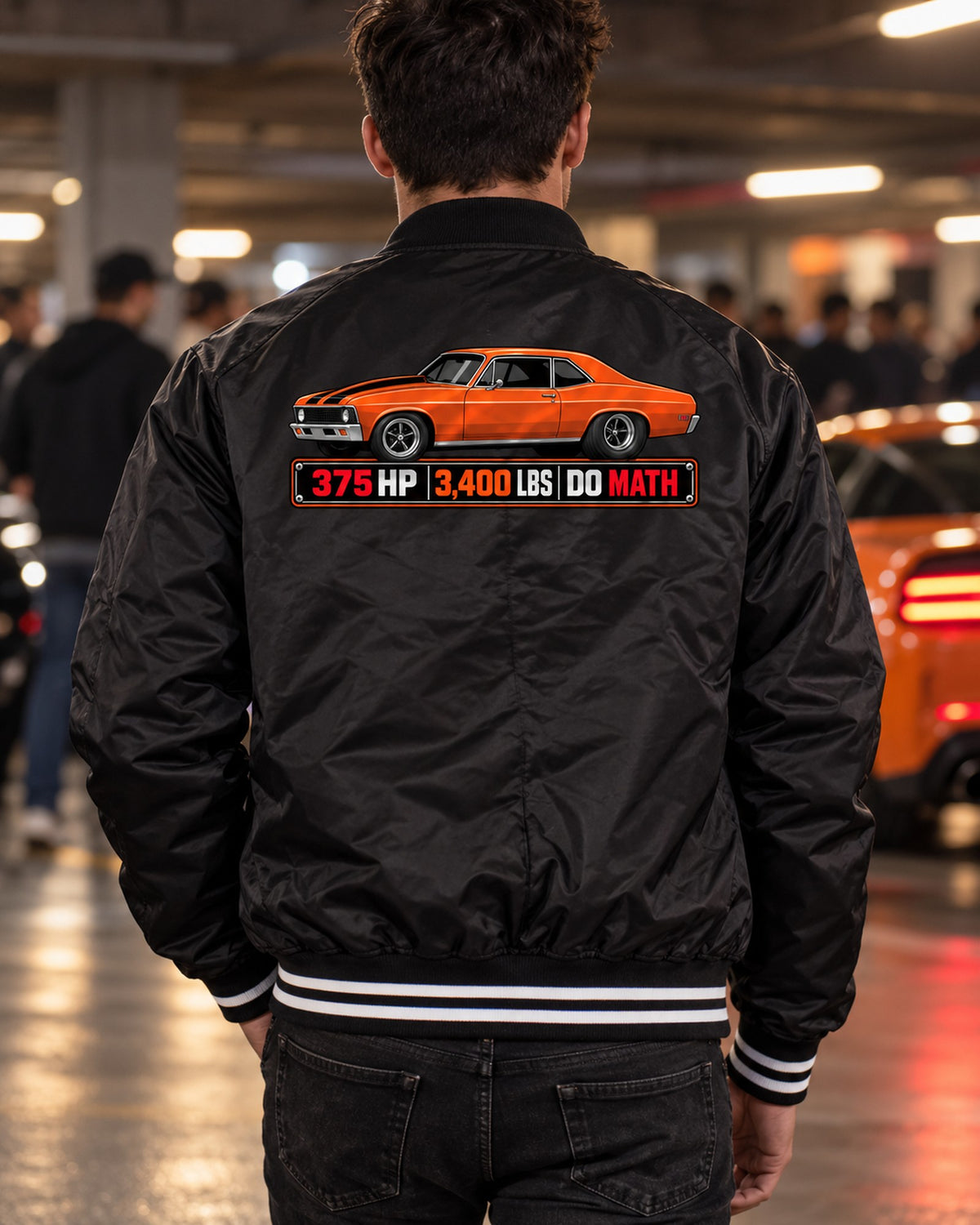 1970 Nova SS 396 Spec Sheet Shirt, 375 HP 3,400 LBS Tee Bomber Jacket Black worn hero