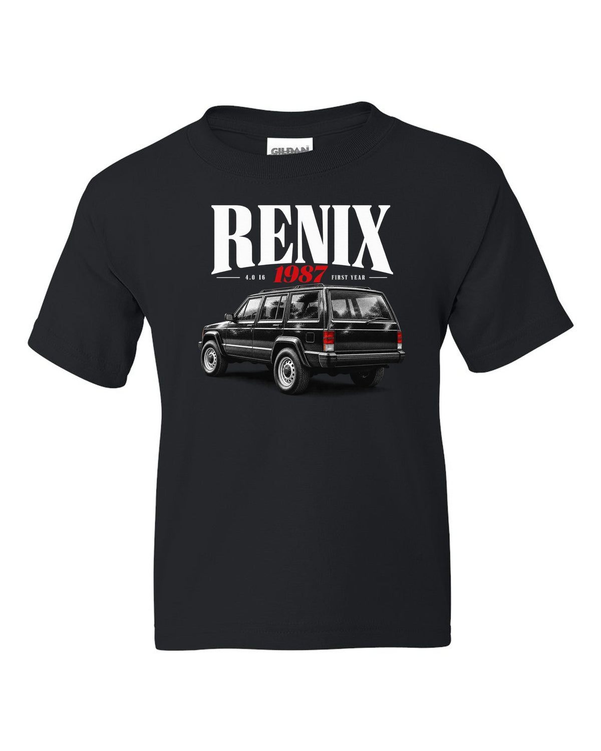 Jeep Cherokee XJ editorial headline print about the 1987 Renix 4.0 I6 black kids tee front view with the design