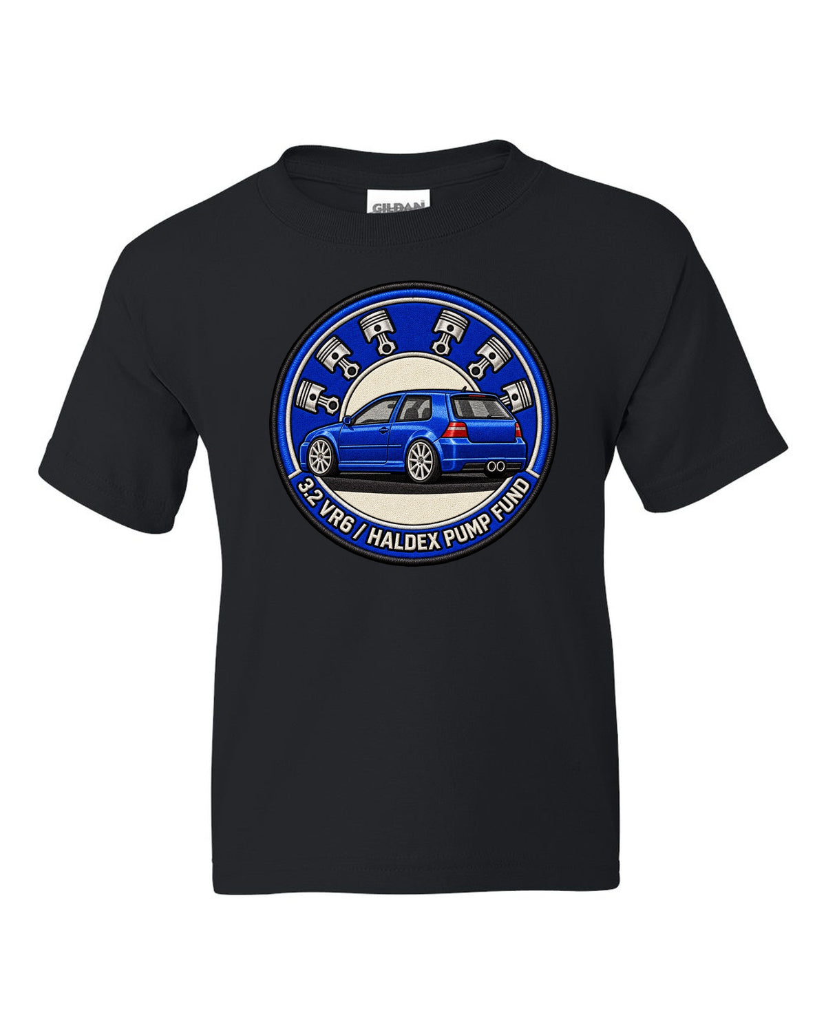 Varsity crest print for a VW Golf R32 Mk4 with 3.2 VR6 and Haldex pump fund lettering black kids tee front view with the design