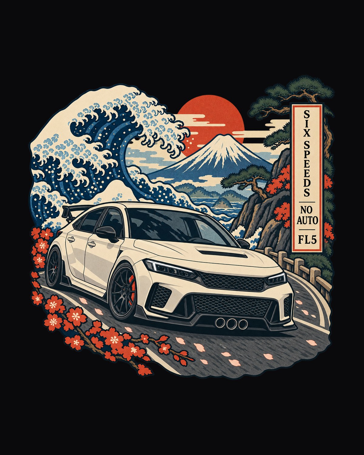 FL5 Civic Type R Ukiyo-e Woodblock Shirt, Fuji Pass Car Tee design only