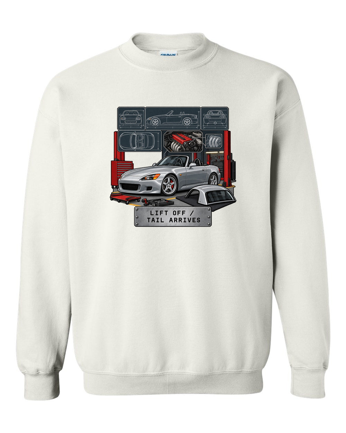 Spec sheet data plate print of a 1999 Honda S2000 AP1 roadster with lift off tail arrives text white crewneck front view with the design