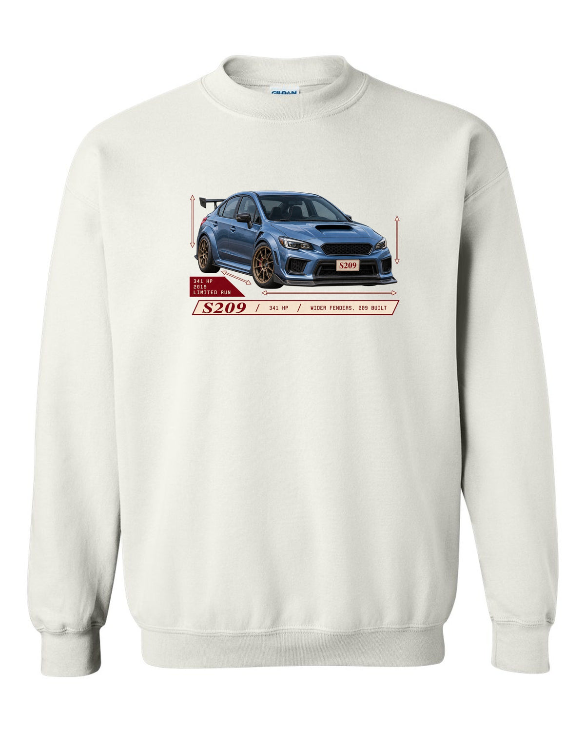 Subaru WRX STI S209 2019 widebody archive panel design white crewneck front view with the design