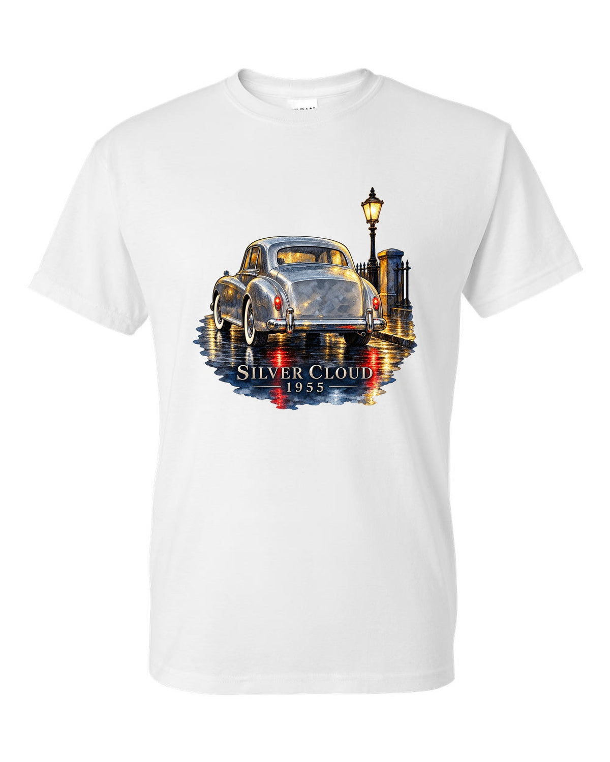 Watercolour painting of a 1955 Rolls-Royce Silver Cloud on a rainy night road with SILVER CLOUD lettering white t-shirt front view with the design