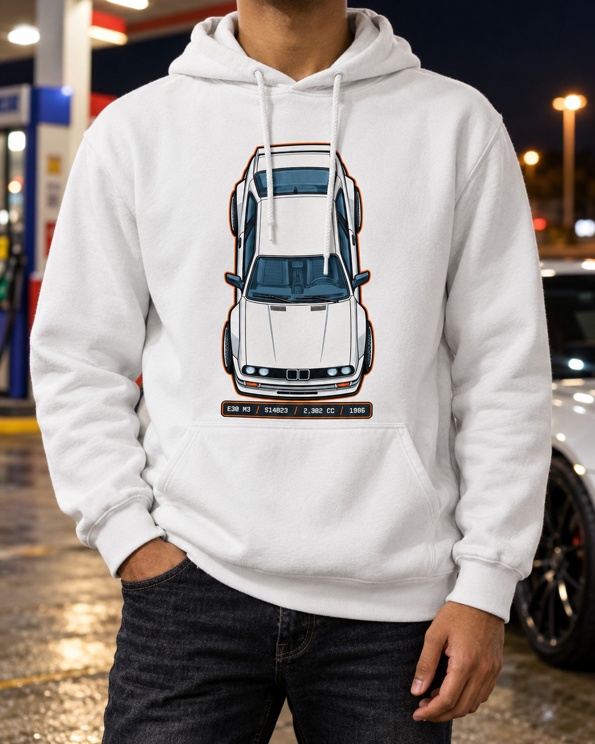 BMW E30 M3 S14 Engine Data Plate Shirt, Car Guy Tee Pull Over Hoodie White worn hero