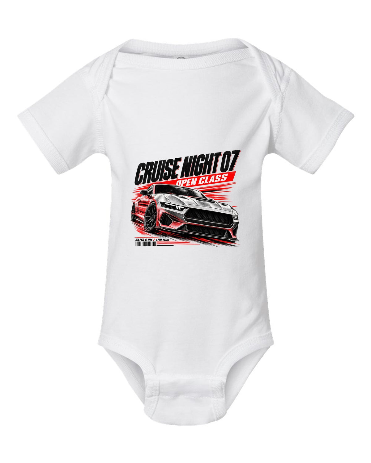 Ford Mustang S650 GT race poster print reading Cruise Night 07 Open Class white baby onesie front view with the design