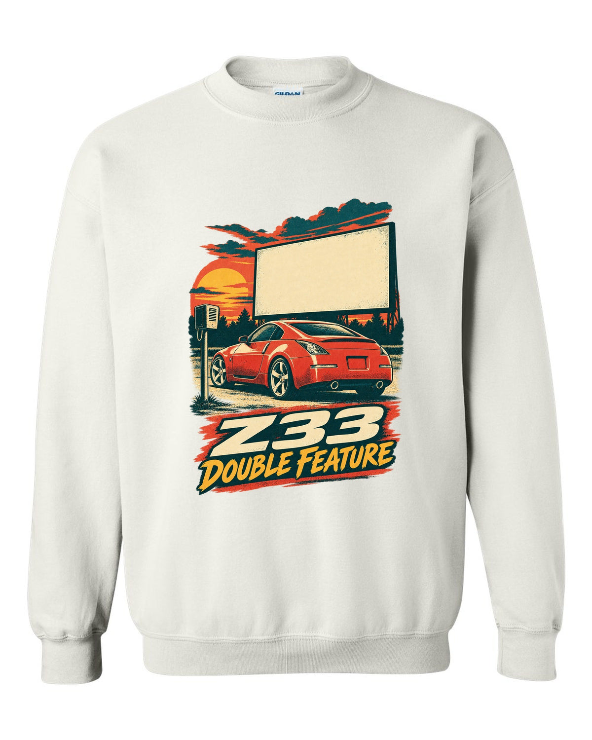 Vintage lithograph race poster print of a Nissan 350Z Z33 at a drive-in white crewneck front view with the design