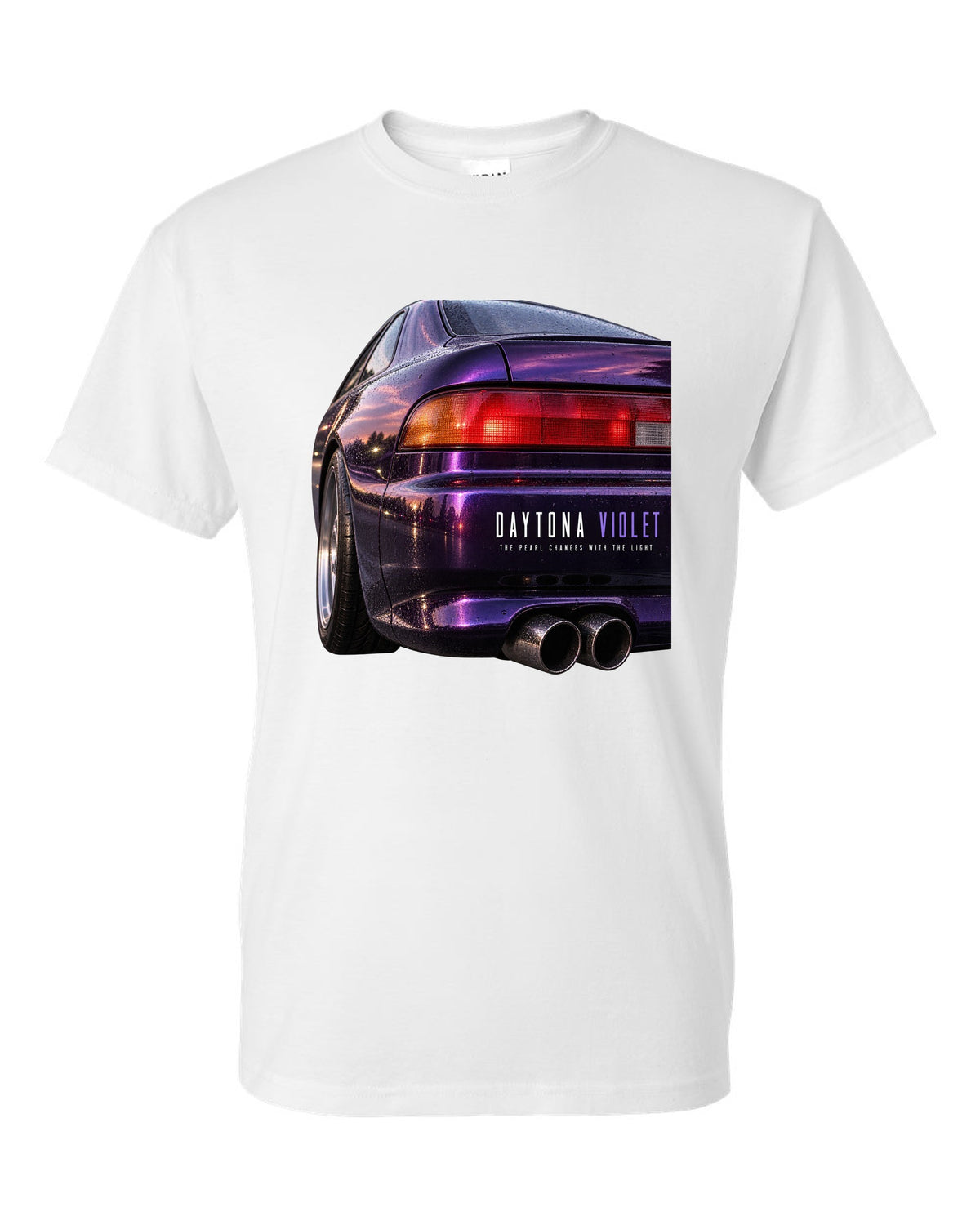 BMW E36 M3 coupe taillight macro print with Daytona Violet pearl paint text white t-shirt front view with the design