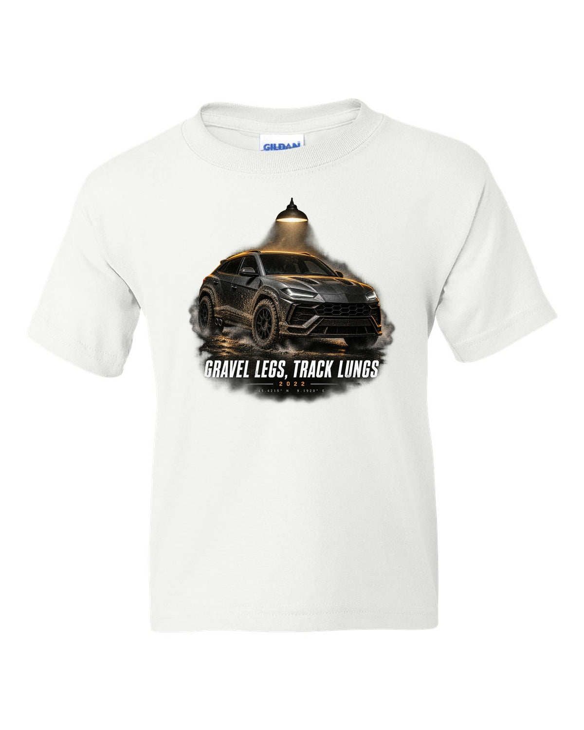 Lamborghini Urus Performante 2022 garage night print, gravel legs track lungs white kids tee front view with the design