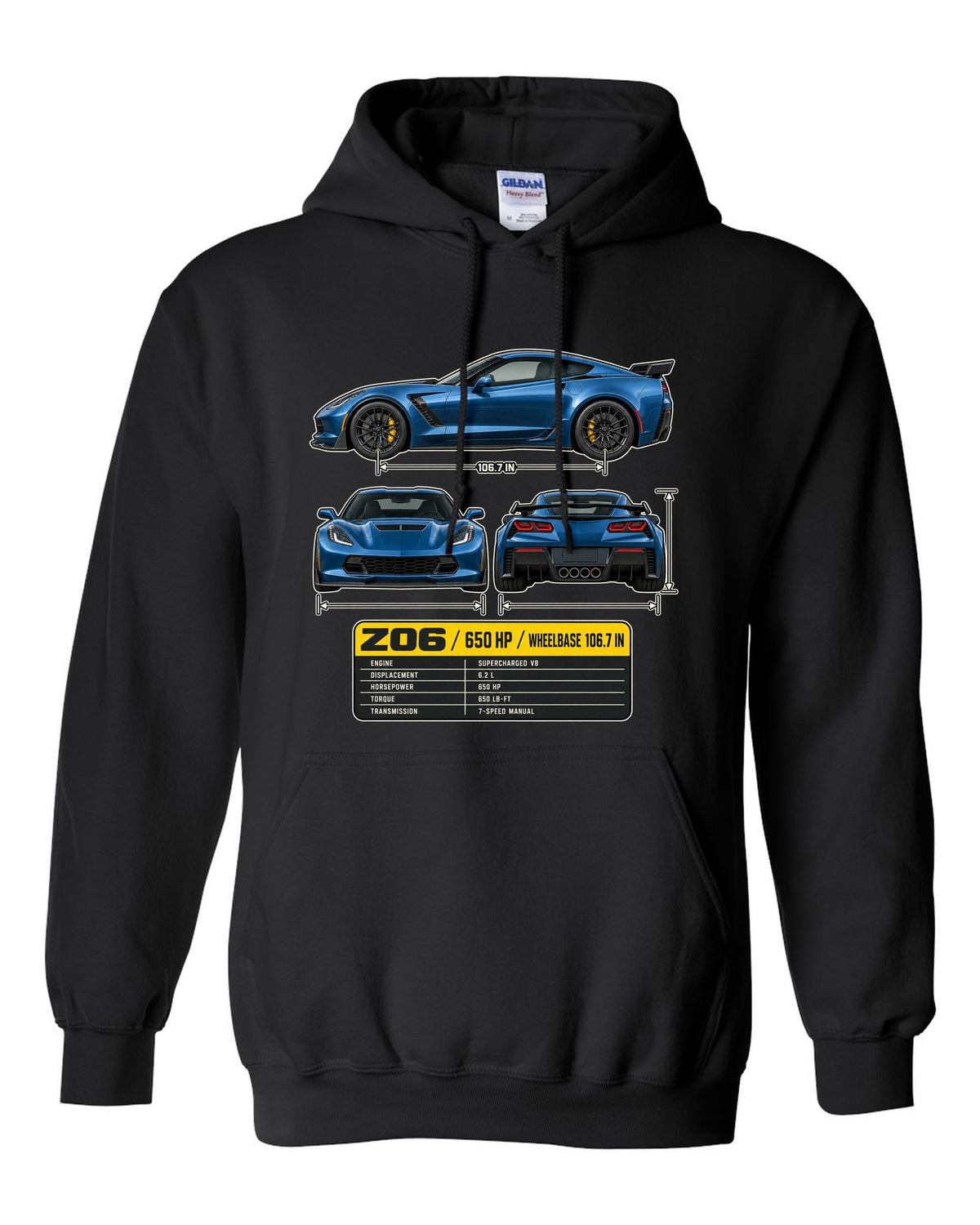 print of a Chevrolet Corvette C7 Z06 three-view drawing with a spec table black pull over hoodie front view with the design