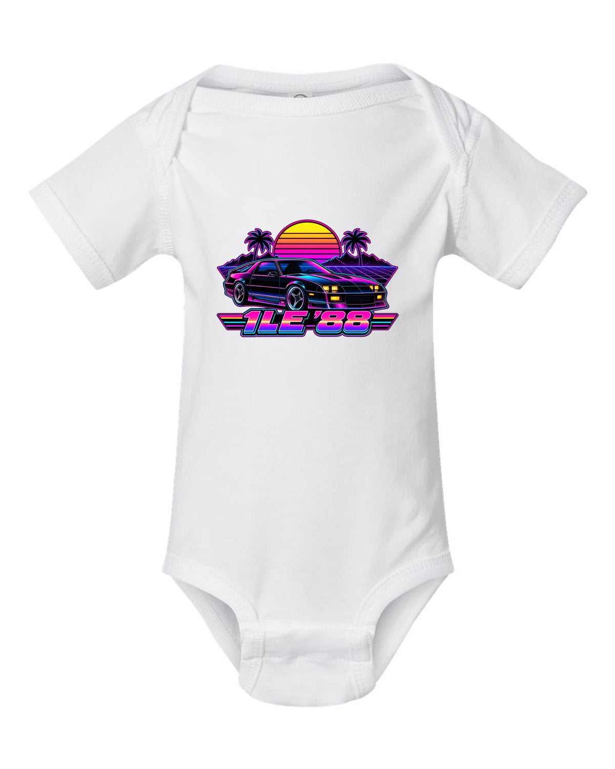 1988 Camaro 1LE third-generation against a synthwave grid horizon with a striped sun and the text 1LE '88 white baby onesie front view with the design