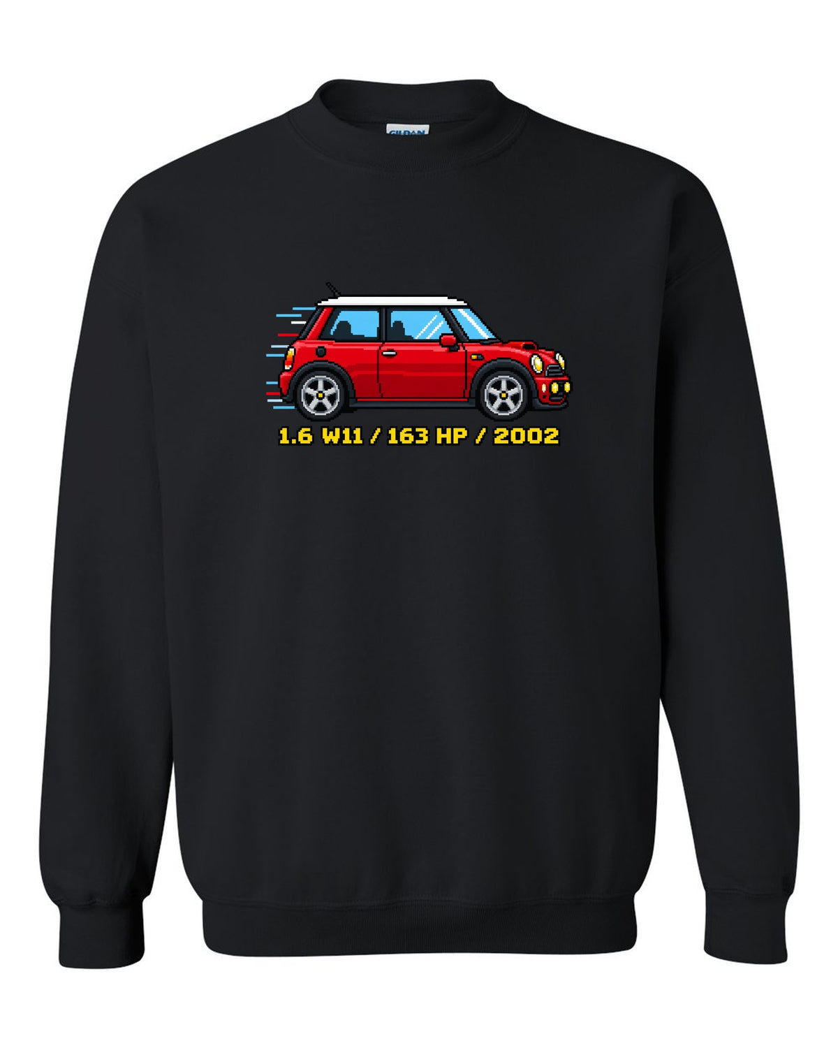 Sixteen-bit pixel art Mini Cooper S R53 with 1.6 W11, 163 HP, 2002 stats black crewneck front view with the design