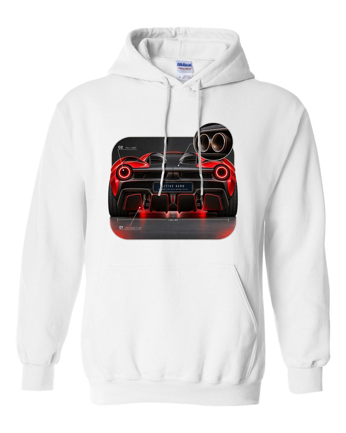 Ferrari LaFerrari taillight macro print with active aero caption white pull over hoodie front view with the design