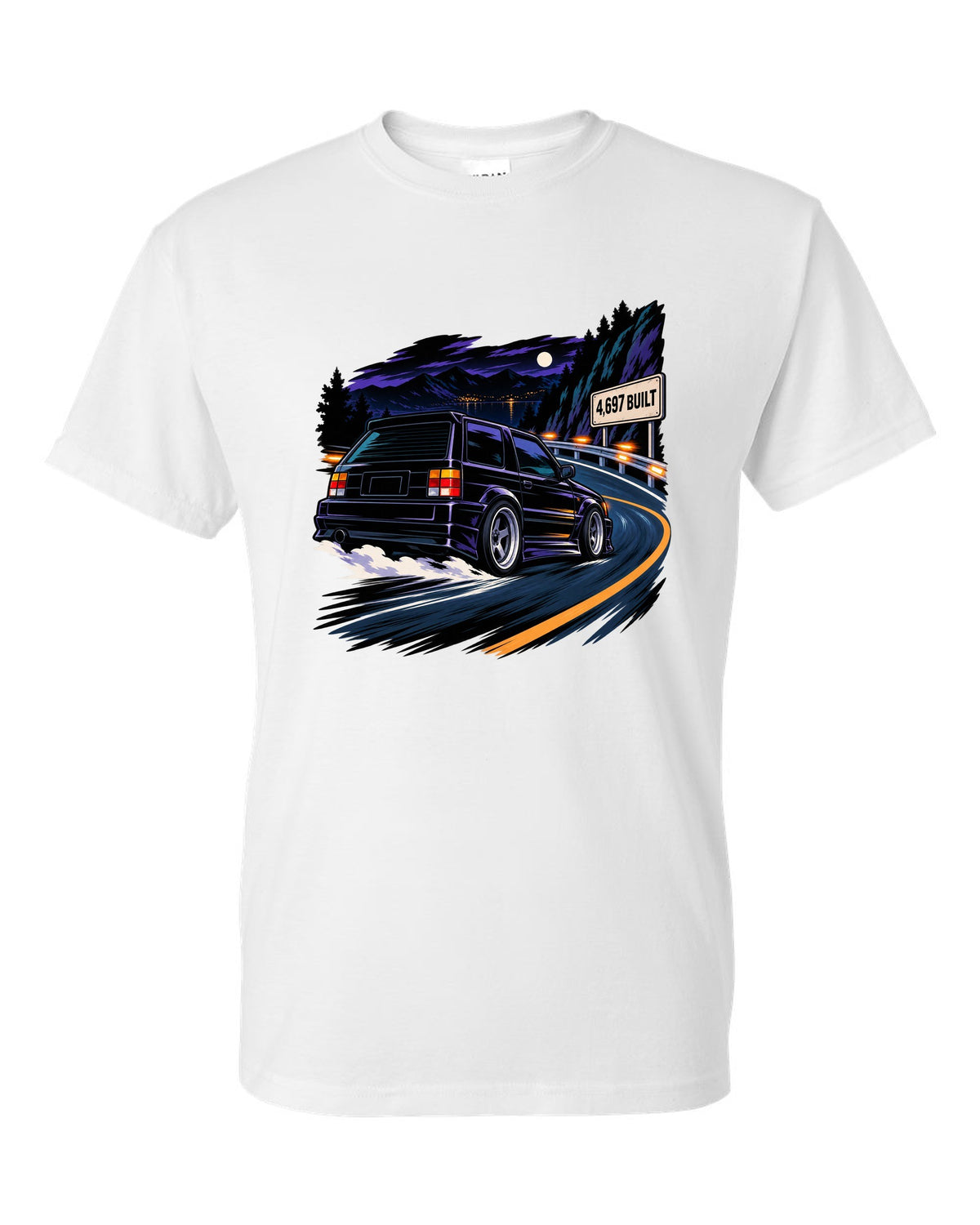 Cel-shaded 90s anime night touge scene with a 1992-93 GMC Typhoon and 4,697 BUILT text white t-shirt front view with the design