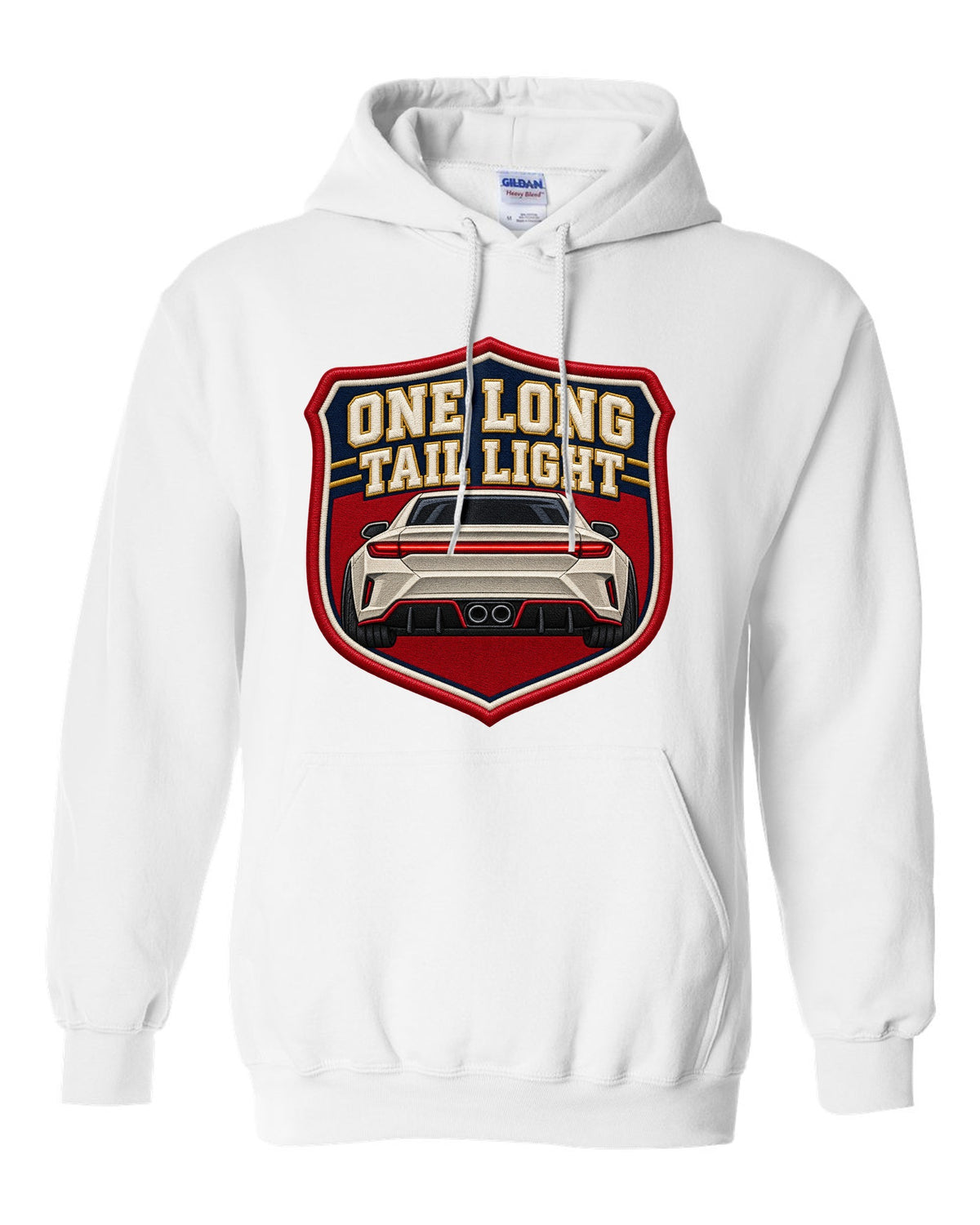 Embroidery varsity crest print of a Hyundai Elantra N CN7 rear with one long tail light text white pull over hoodie front view with the design