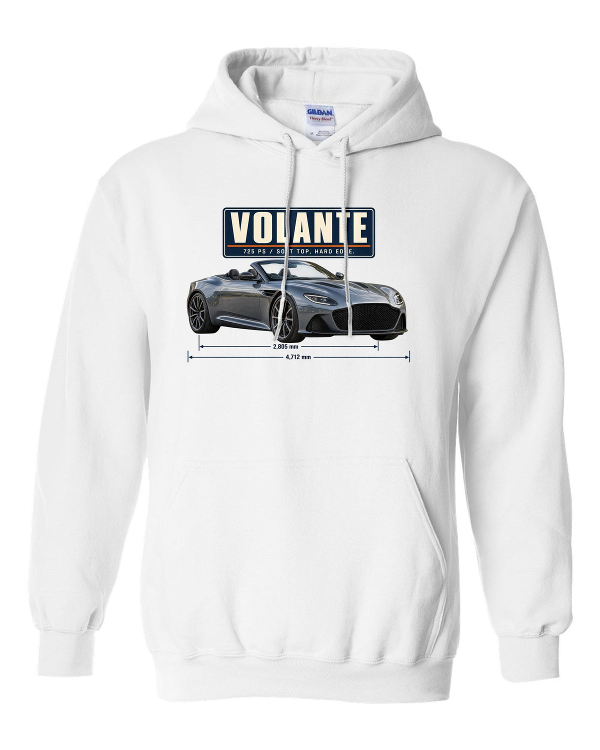 Aston Martin DBS Volante 2019 top-down editorial headline print with 725 PS text white pull over hoodie front view with the design