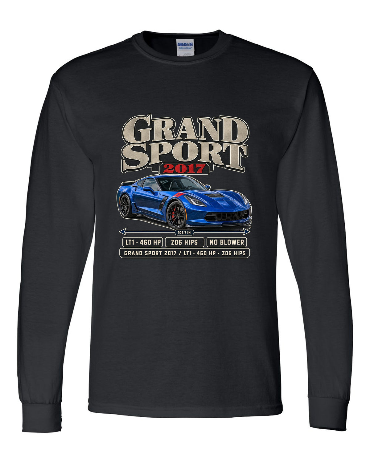 print of a Chevrolet Corvette C7 Grand Sport archive panel with LT1 and 460 HP text black long sleeve front view with the design