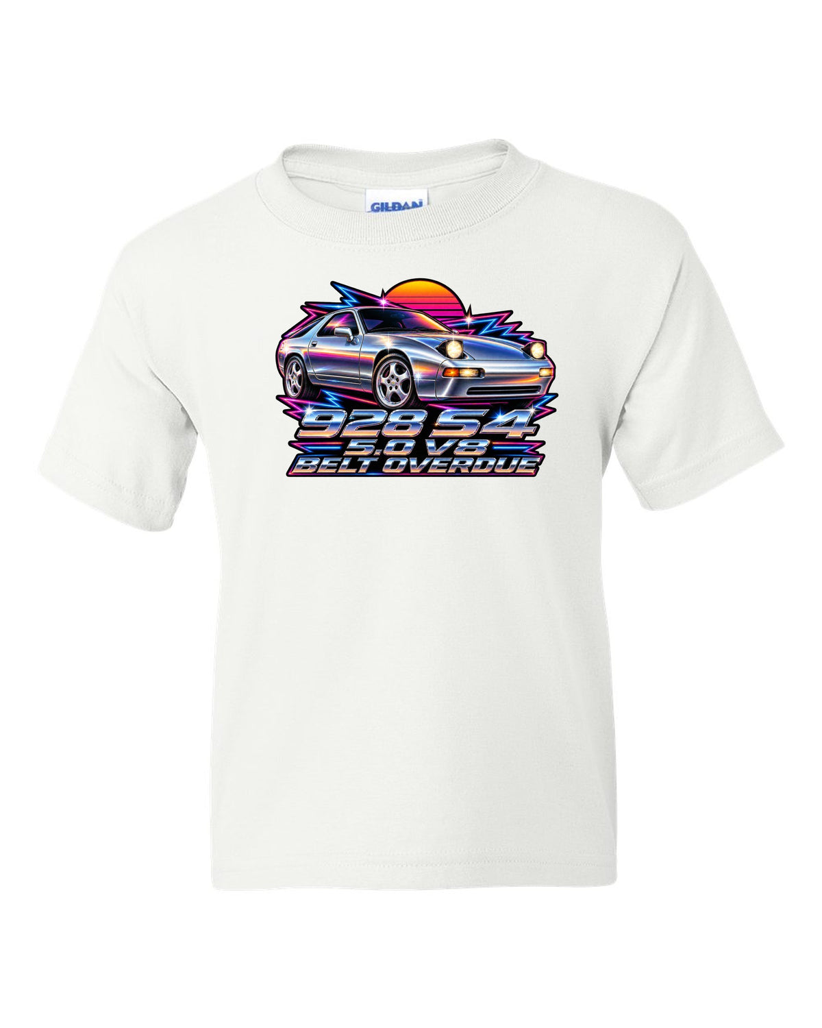 Porsche 928 S4 80s airbrush chrome design with pop-up headlights white kids tee front view with the design