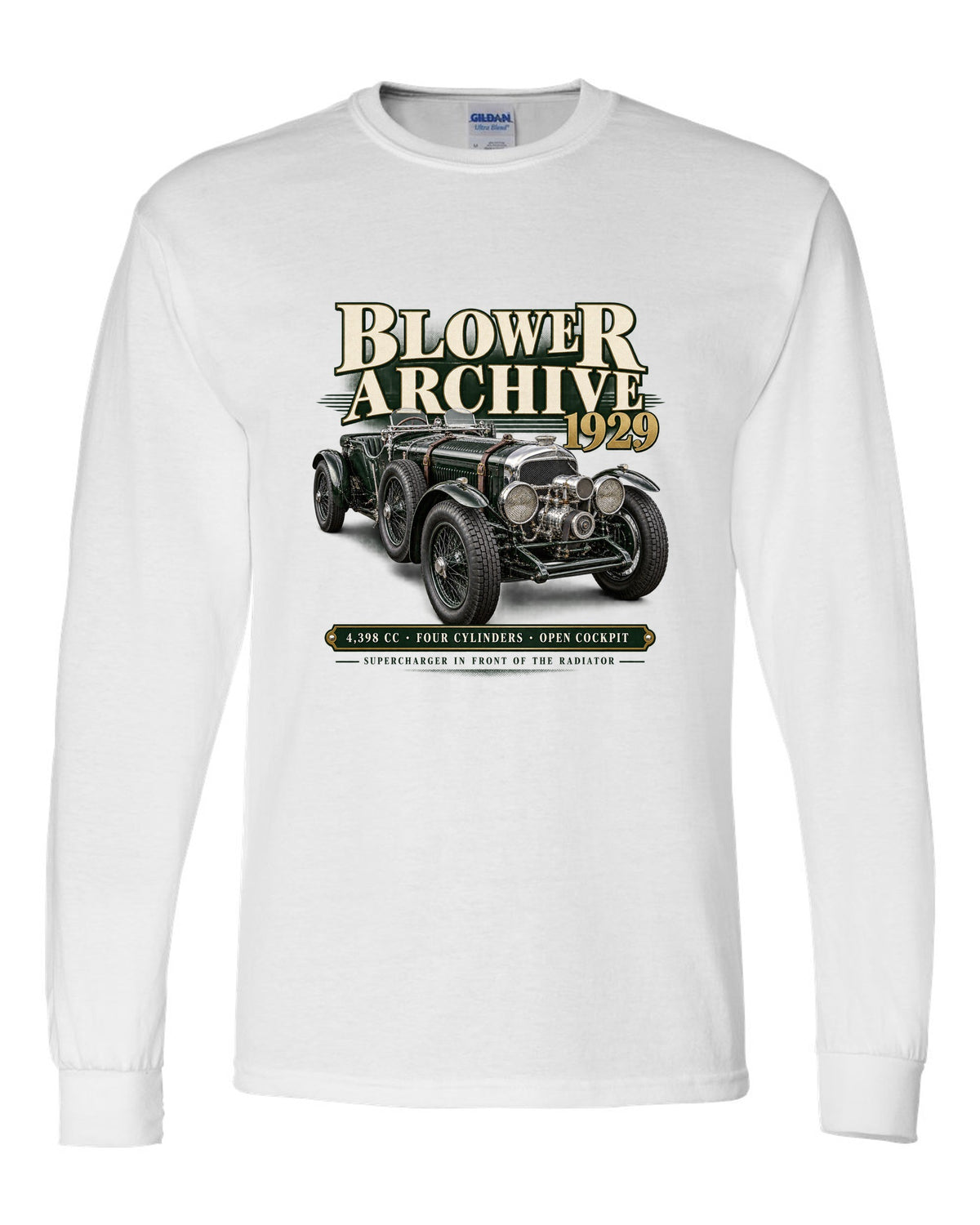 Bentley Blower 1929 archive panel with supercharger detail white long sleeve front view with the design