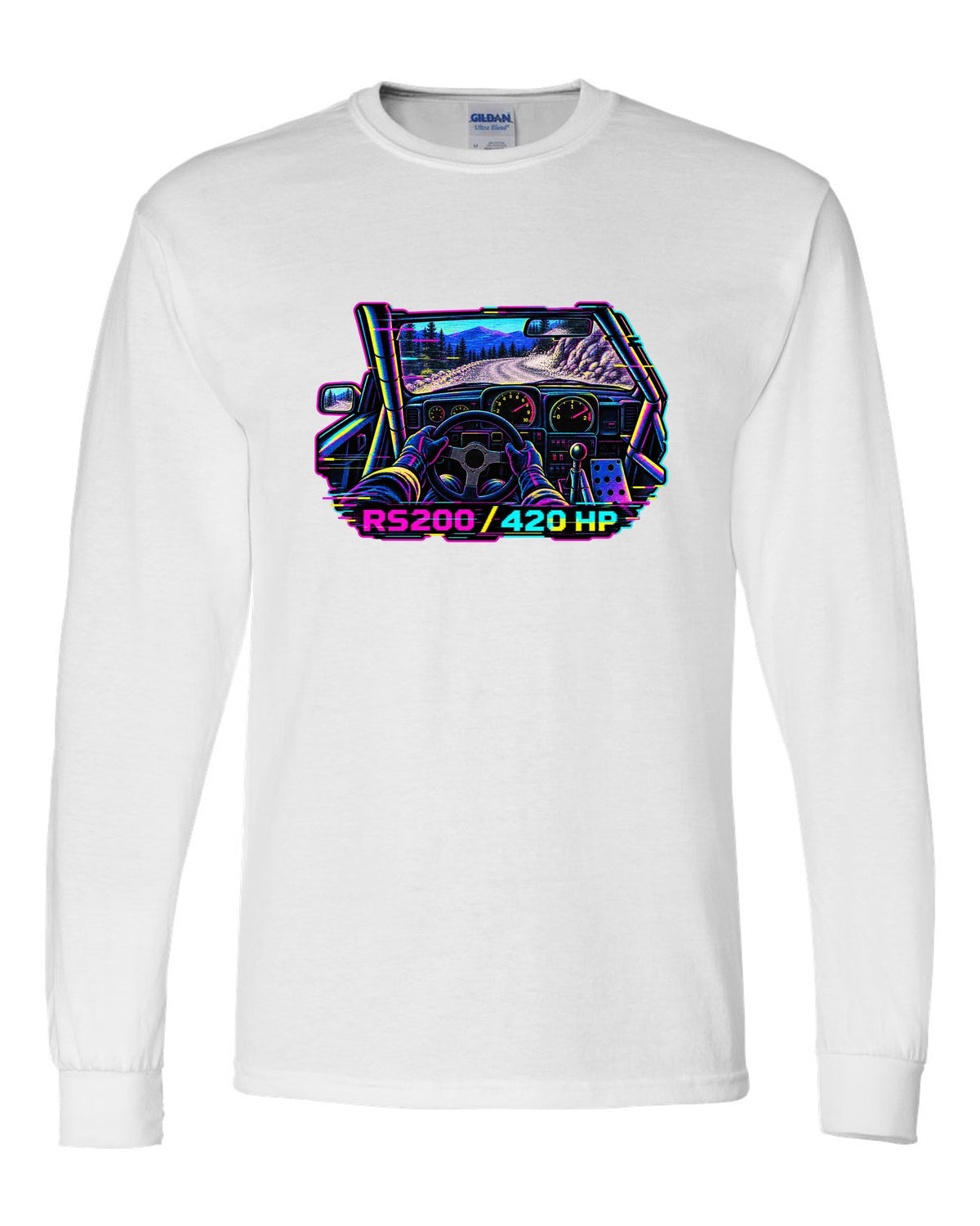 VHS glitch style Ford RS200 cockpit print with 420 hp lettering white long sleeve front view with the design