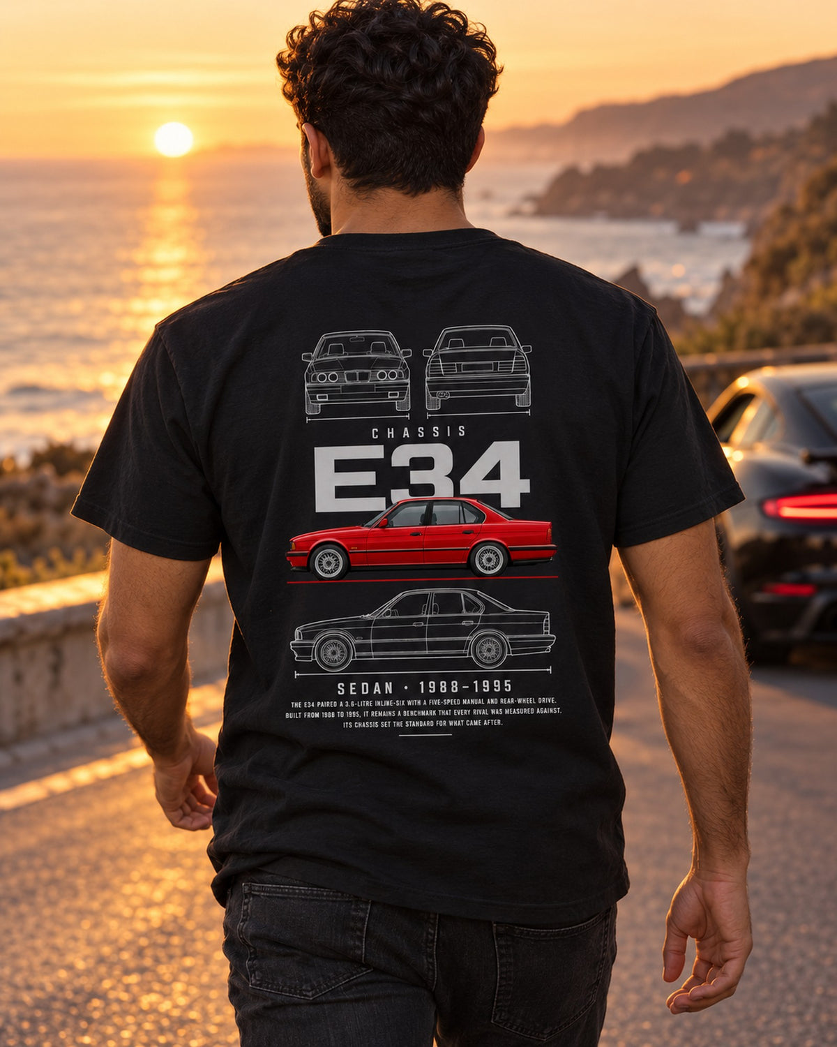 BMW E34 M5 sedan Blueprint Full-Back Graphic Tee, E34 Chassis Code T-Shirt Black worn hero