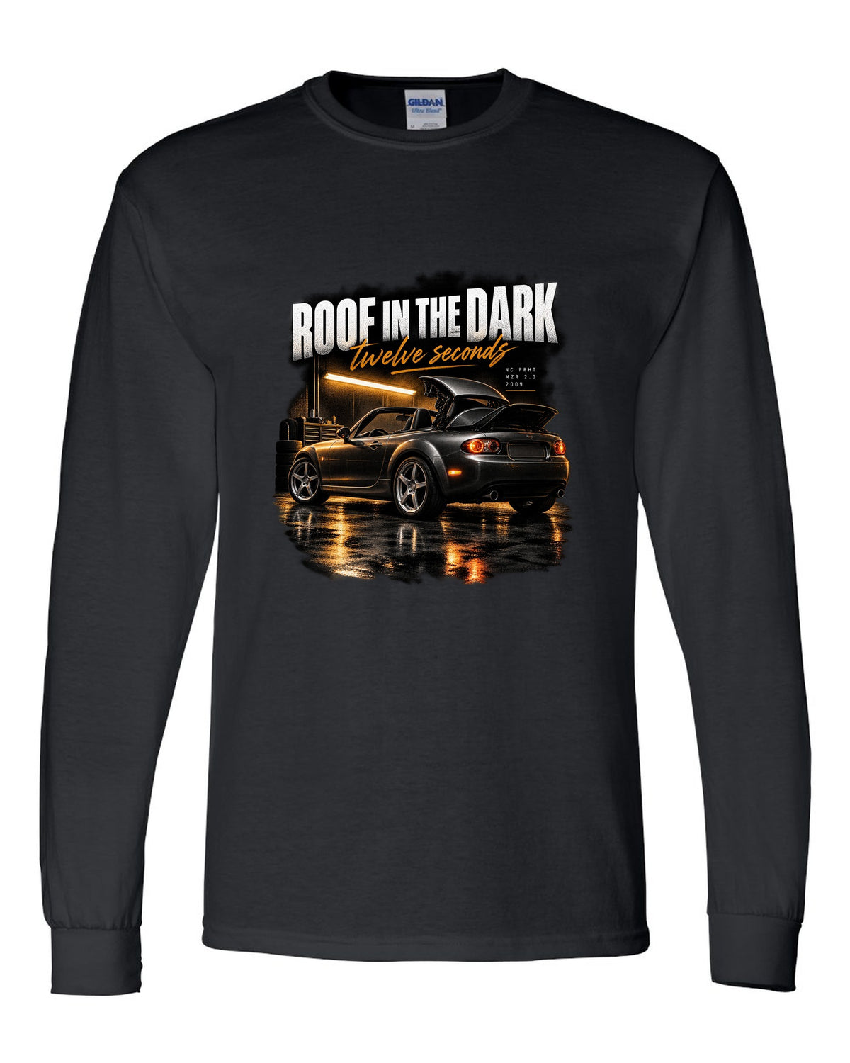Garage night print of a Mazda MX-5 NC PRHT with the roof folding black long sleeve front view with the design