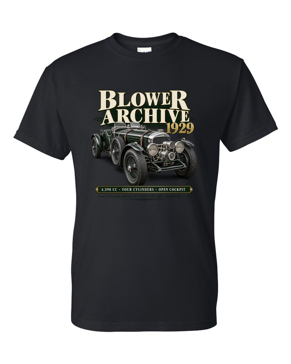 Bentley Blower 1929 archive panel with supercharger detail black t-shirt front view with the design