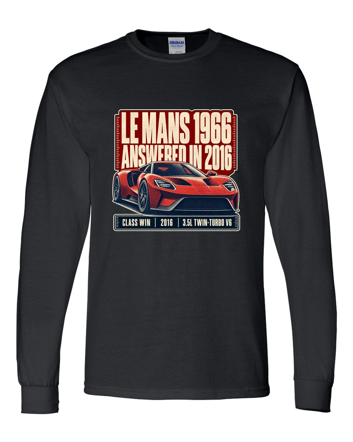 Halftone print of a Ford GT low front three-quarter with Le Mans 1966 and 2016 text black long sleeve front view with the design