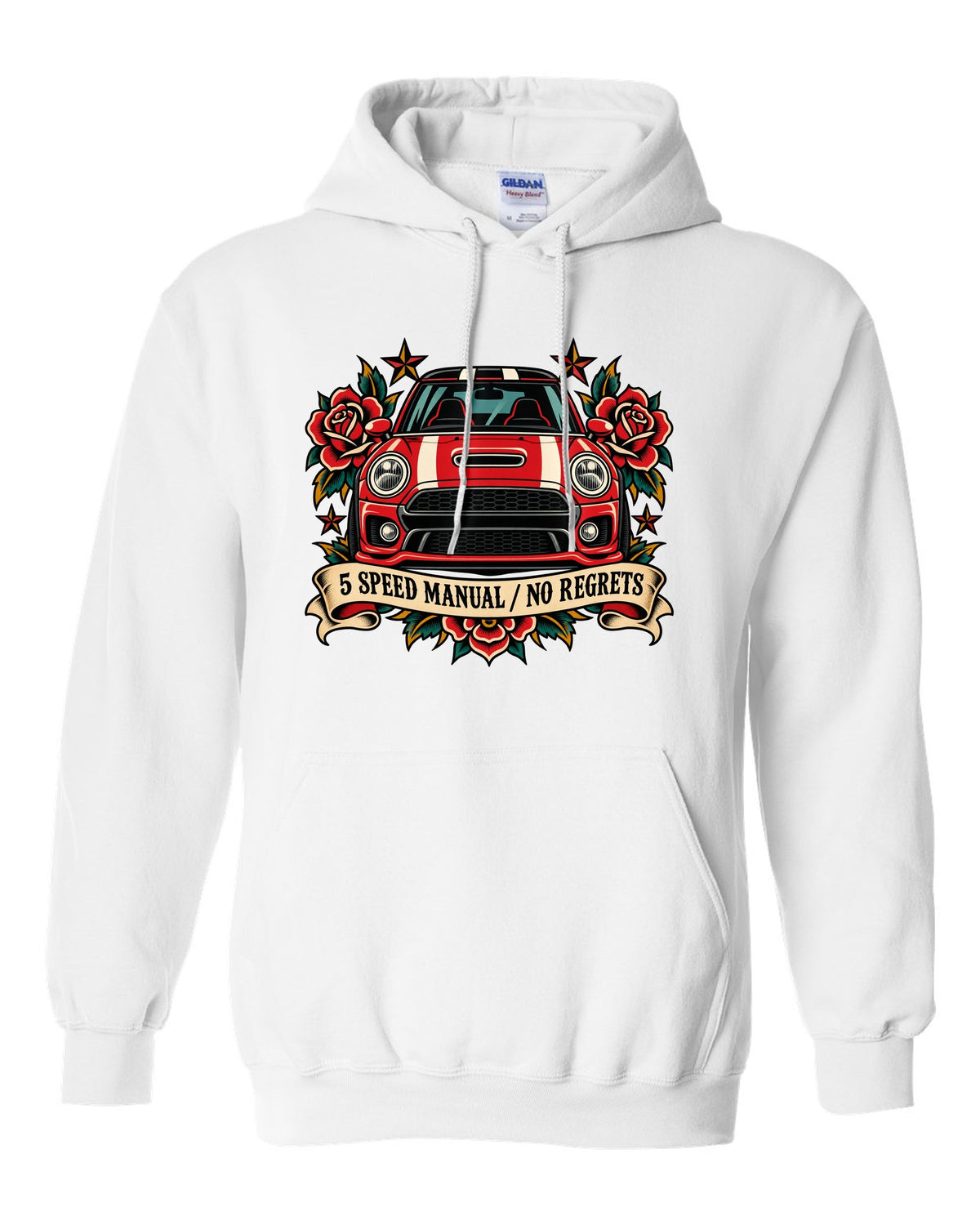 Tattoo flash style Fiat 500 Abarth with 5 speed manual no regrets lettering white pull over hoodie front view with the design