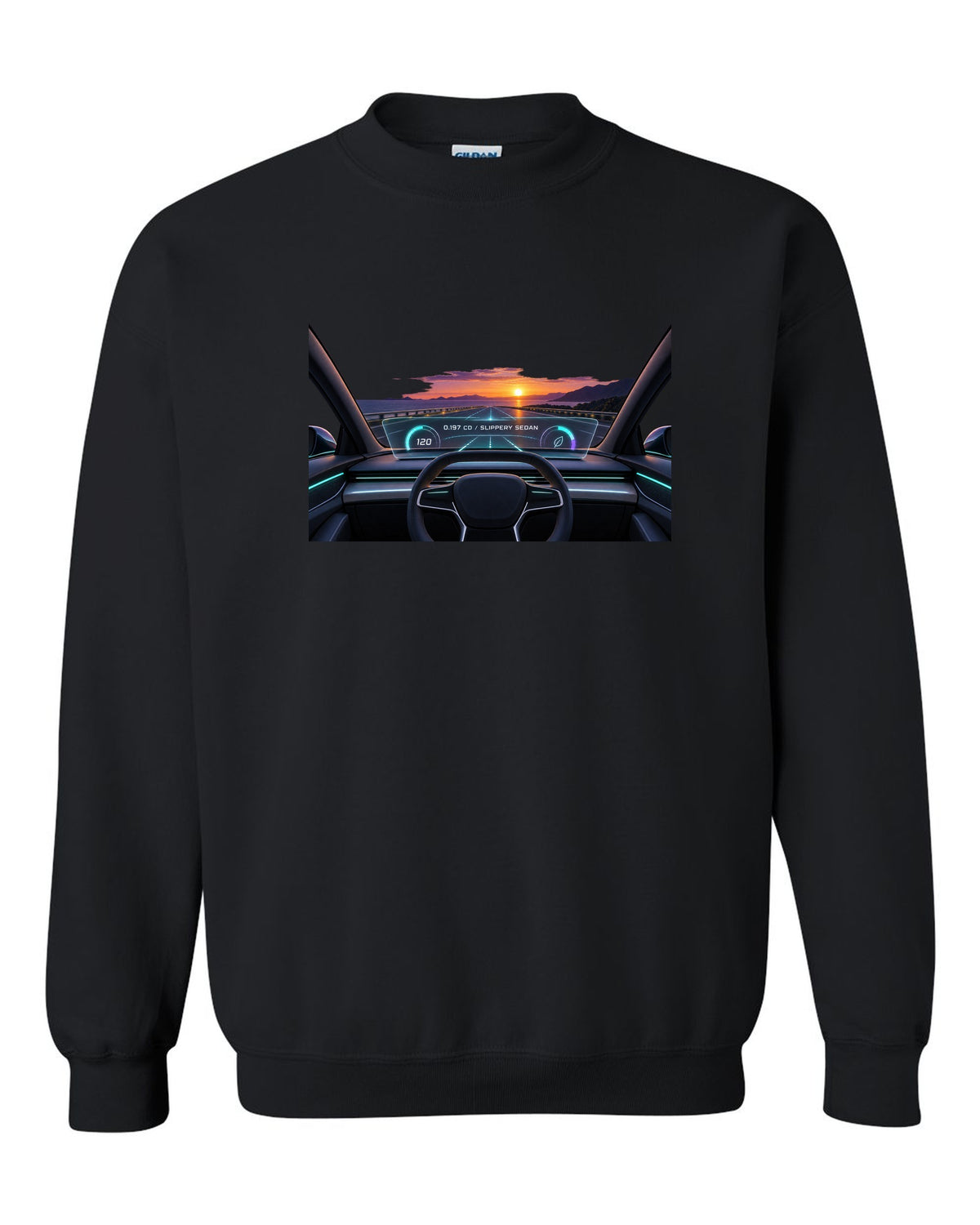 Lucid Air Sapphire gauge cluster HUD print with the text 0.197 Cd slippery sedan black crewneck front view with the design