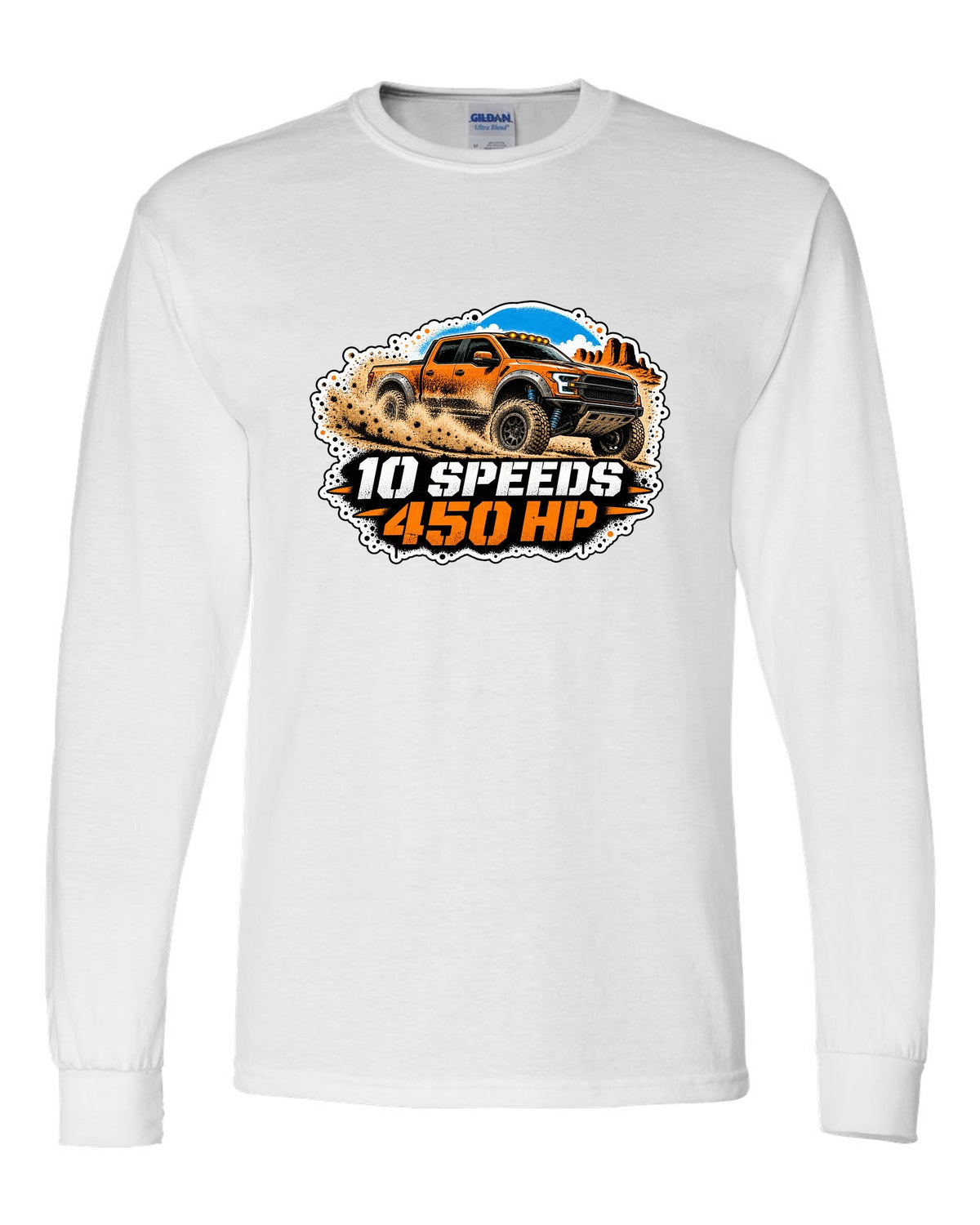 Spray stencil street art print of a 2017-20 Ford F-150 Raptor Gen 2 P552 in desert dust white long sleeve front view with the design